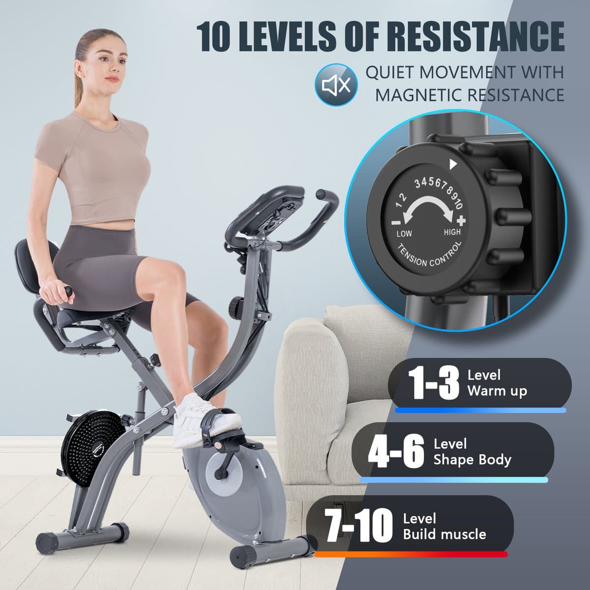 Opvouwbare hometrainer met APP - hometrainer - 10 magnetische weerstandsniveaus voor cardiofitness - verstelbare zitting thumbnail 3
