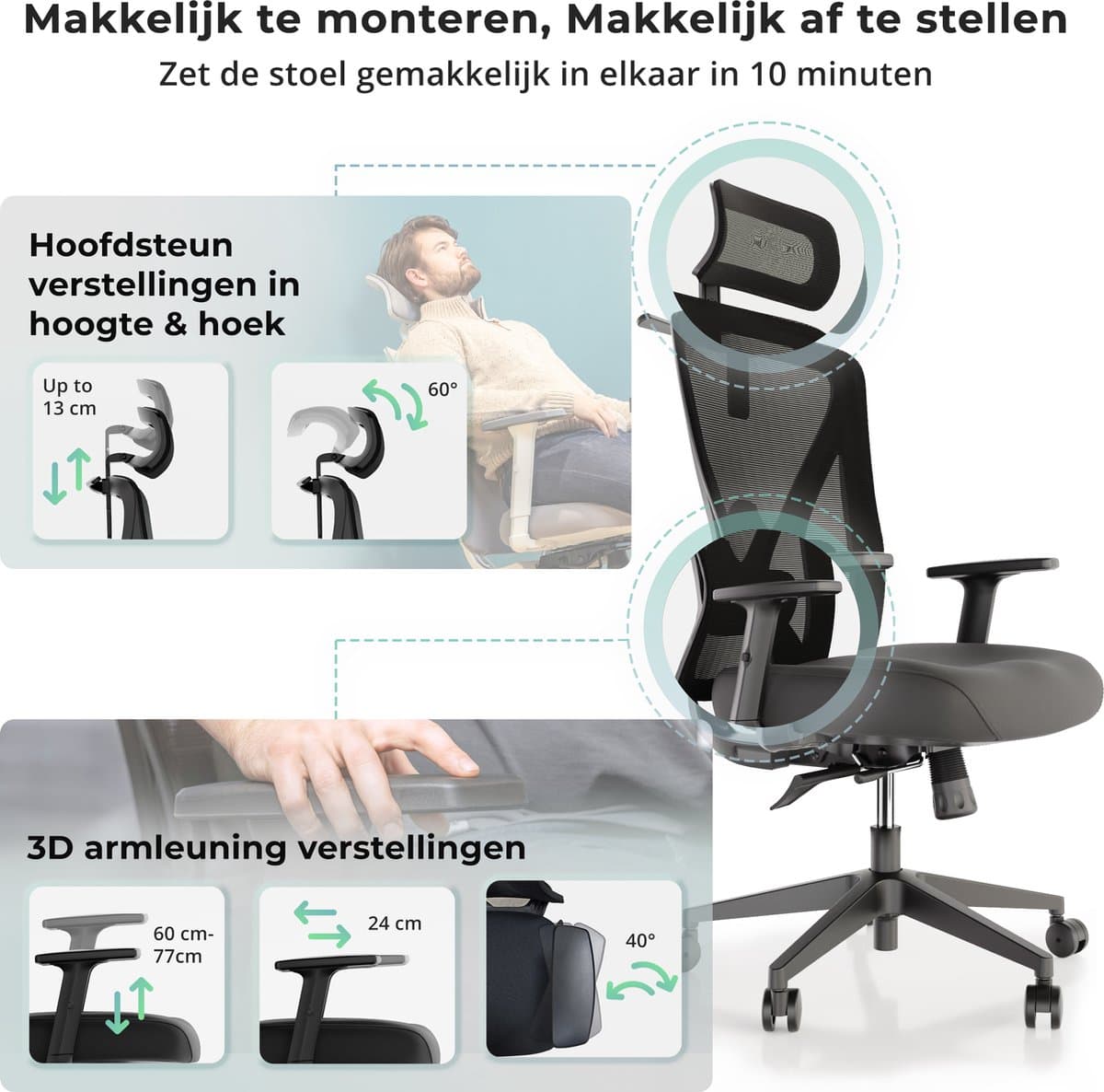 Backerz Mesh Ergonomische Bureaustoel - Bureaustoelen voor Volwassenen tot 150kg - Office Chair NEN-EN1335 - Gamestoel thumbnail 5