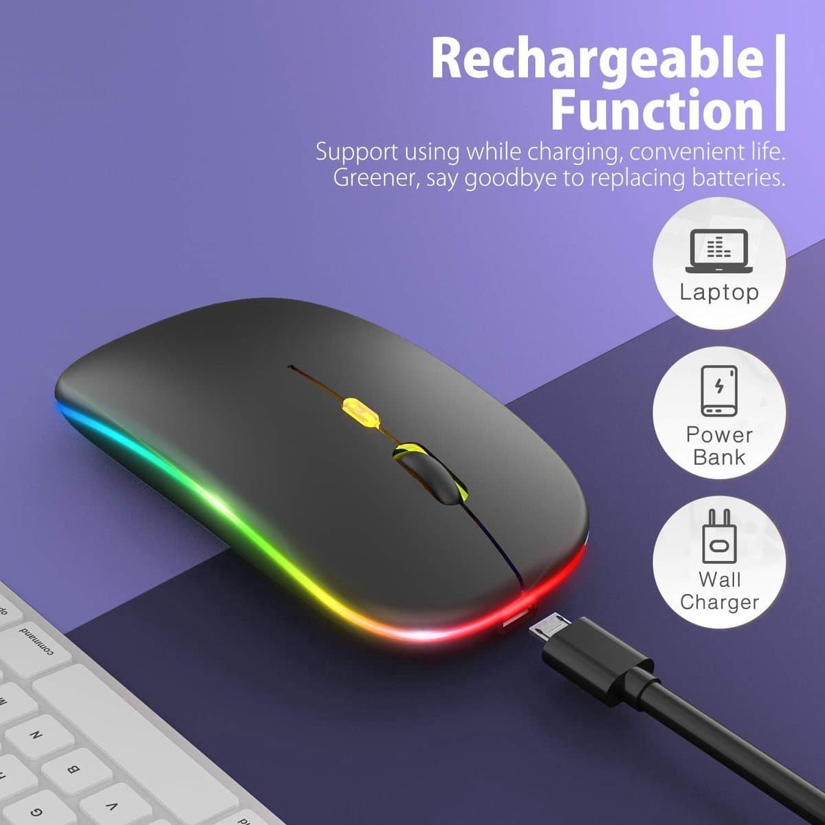 TOJ Draadloze LED Bluetooth Muis - USB 2.4GHZ Ontvanger - Ergonomisch - Gaming - 1600DPI - Zwart thumbnail 5