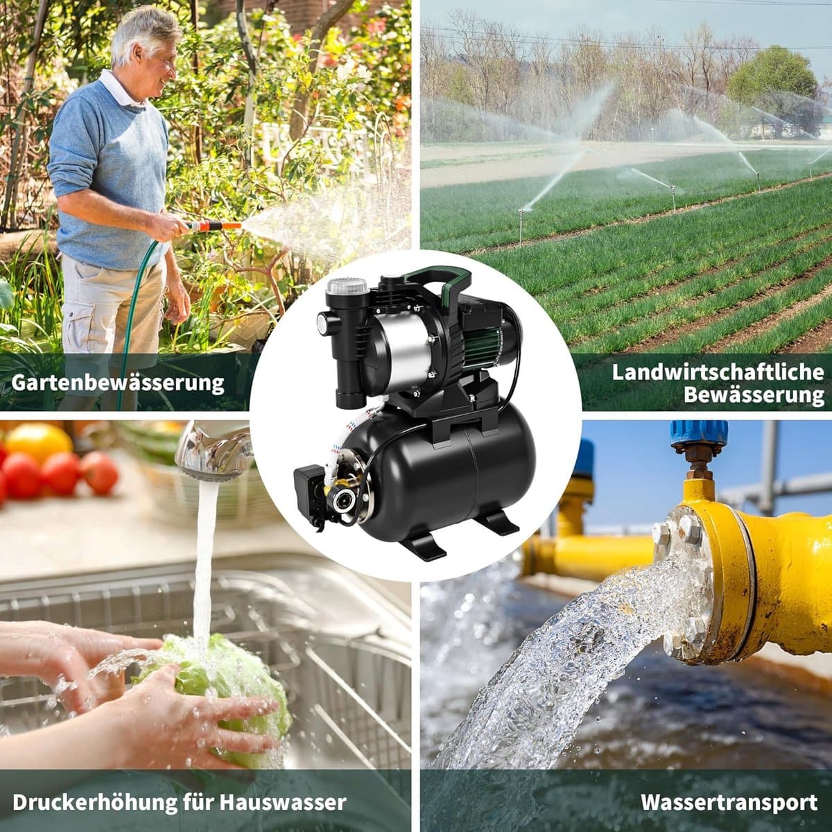 Huiswaterinstallatie - Waterpomp Automaat - Tuin Sproeien - Roestvrij Staal - 5000 l/u - Groen Zilver thumbnail 5