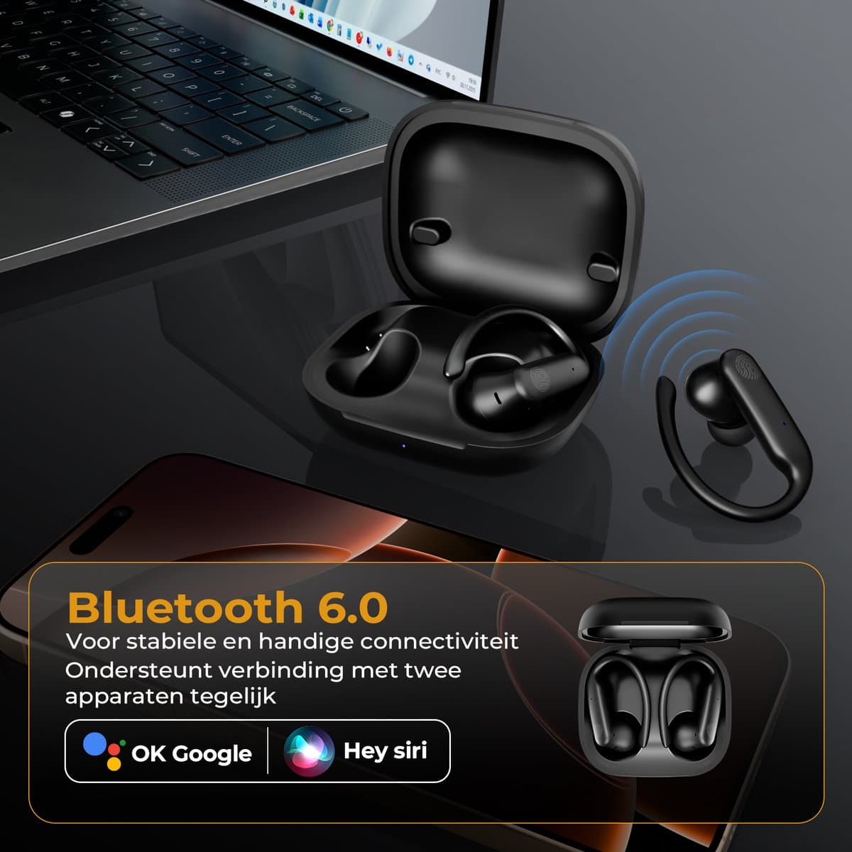 Golden Sound Sport Draadloze oordopjes - 80 uur batterijduur - Active Noise Cancelling -45dB - Sport oordopjes - Oortjes draadloos - Bluetooth oortjes - Zwart thumbnail 5