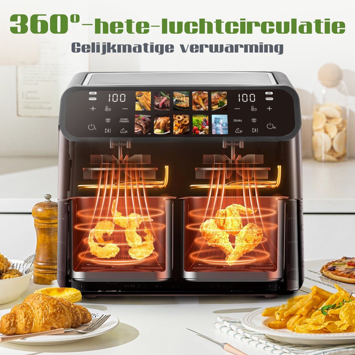 Dubbele Airfryer 901A XXL 10L - Digitale Airfryer 2×5L - 2000W - 10 Programma’s - Smart Finish & Match Cook - 80–200°C Instelbaar - Makkelijk te Reinigen – Capaciteit voor 5 Personen thumbnail 8
