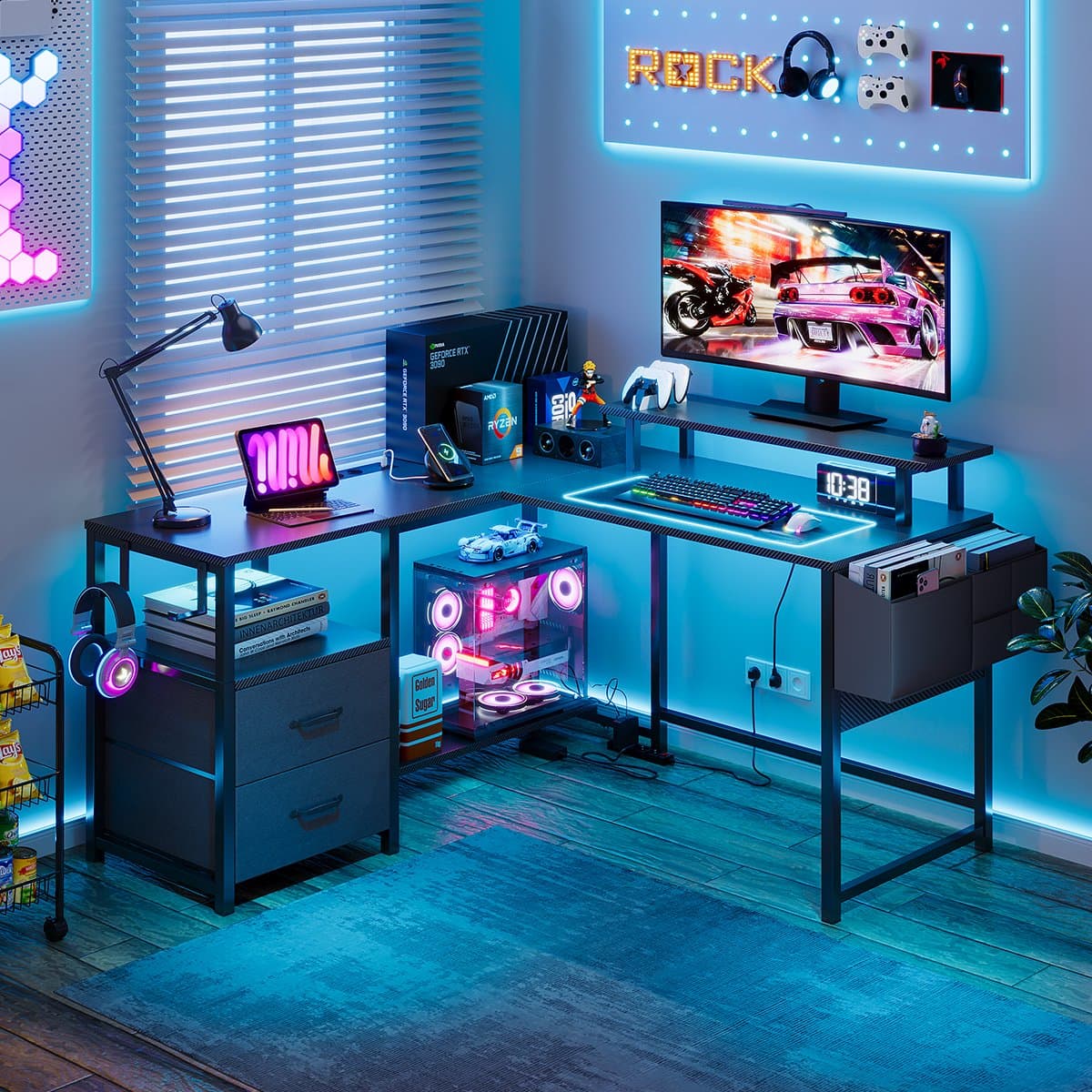 Gaming Bureau met LED Verlichting - 120x120x75cm - L-Vormig Game Bureau met Stopcontact - 2 Non Woven Lade - Gaming Desk - Computer Tafel - Gaming Tafel - Bureau voor Gamen, Studeren en Werken - Zwart thumbnail 5