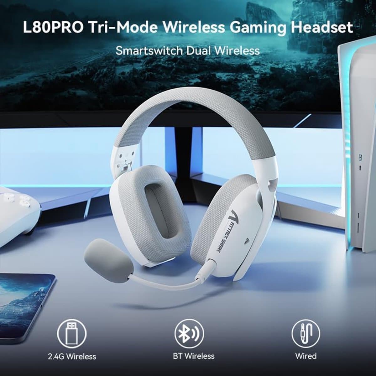Attack Shark L80 PRO - Gaming Headset - Draadloos - 7.1 Surround Sound - Tri-Mode (2.4G/BT/3.5mm) - Dubbele Microfoon - 40mm Driver - Ultralicht 203g - PC/PS5/Xbox/Switch - Wit thumbnail 5