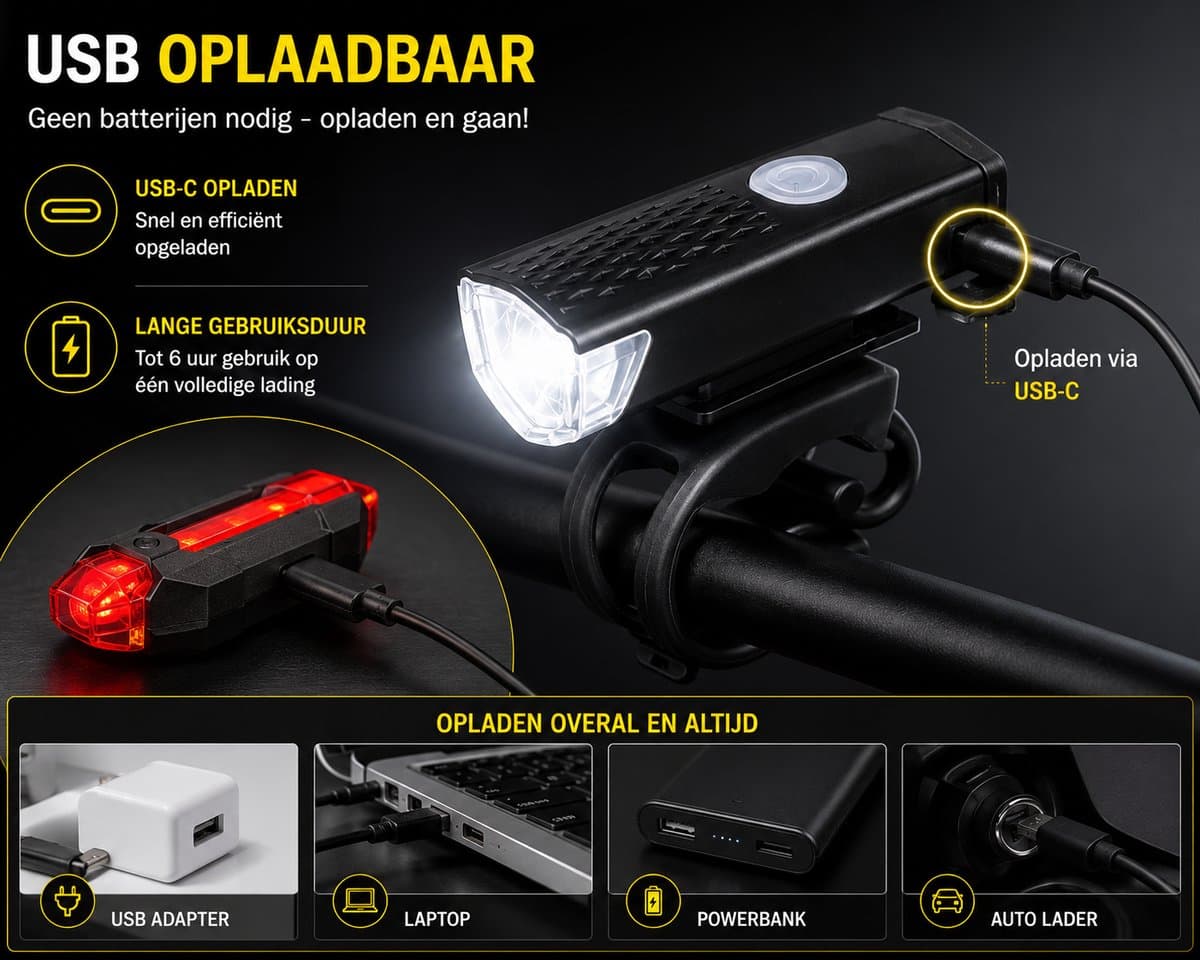 JMT-one - Fietsverlichting Oplaadbaar USB – Fietslampjes Set Voor en Achter – LED Fietslicht Voorlicht Achterlicht – Waterdicht – Fiets Lampjes Set – MTB Racefiets Stadsfiets – Zwart thumbnail 7