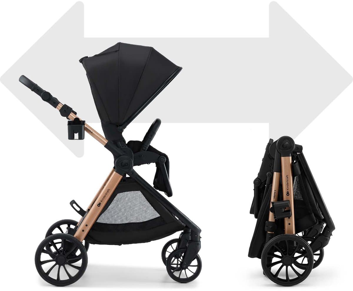 Kinderkraft VESTO 2 – 3-in-1 kinderwagen – MINK PRO 2 autostoel + adapters – Omkeerbare zitting – Reiswieg EN1466 – Zwart thumbnail 6