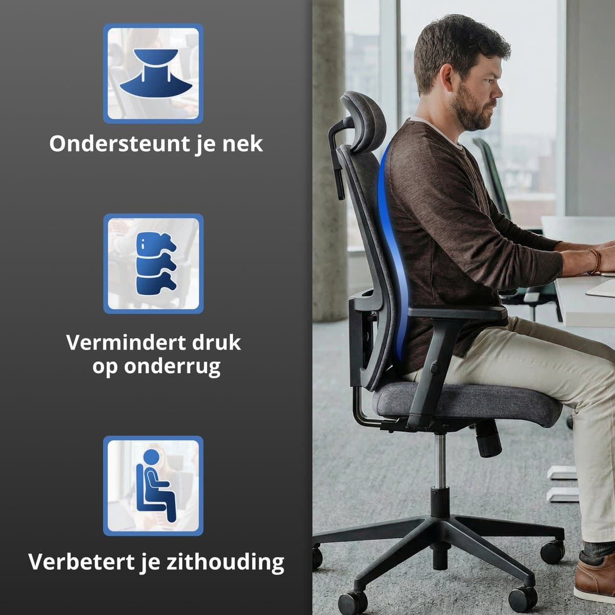 Backerz Ergonomische Bureaustoel - Bureaustoelen voor Volwassenen tot 160kg - Fabric Office Chair - NEN-EN1335 thumbnail 7