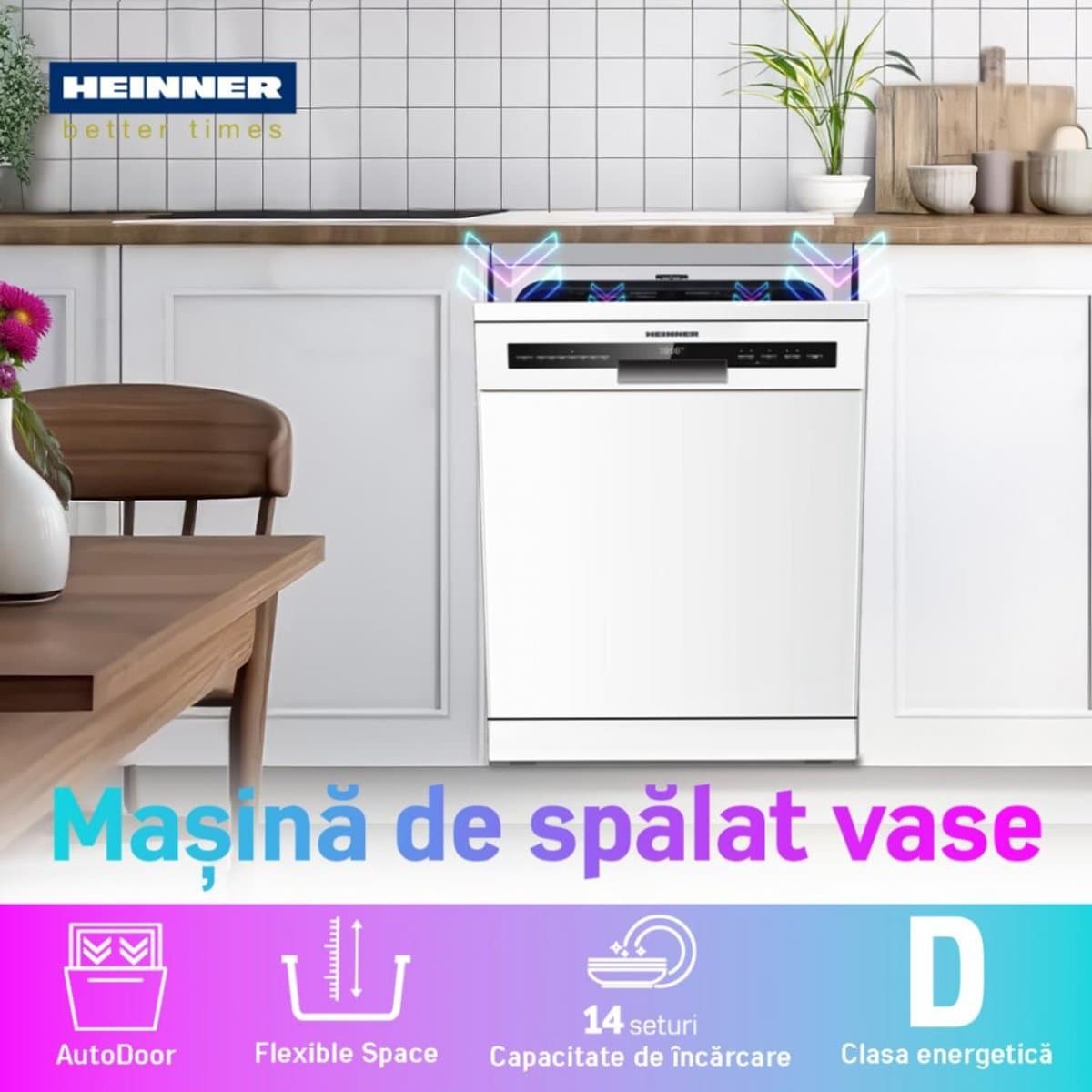 Heinner Vrijstaande Vaatwasser 60 cm – 14 Couverts – Auto Open Droogsysteem – Hygiëne 70°C – Extra Droog – 7 Programma's – AquaStop – Digitaal Display – 49 dB – 5 Jaar Garantie thumbnail 4