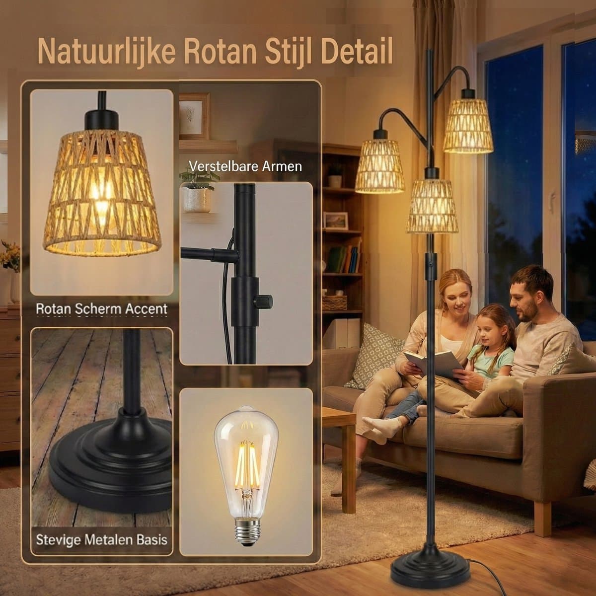 MUPOO Bohemian Rotan Vloerlamp 3-Lichts met Zwart Metaal - Landelijk Staande Lamp Energiezuinig & Dimbaar - Inclusief LED Lampen - 175cm Hoog - staande lampen voor woonkamer & Slaapkamer thumbnail 2