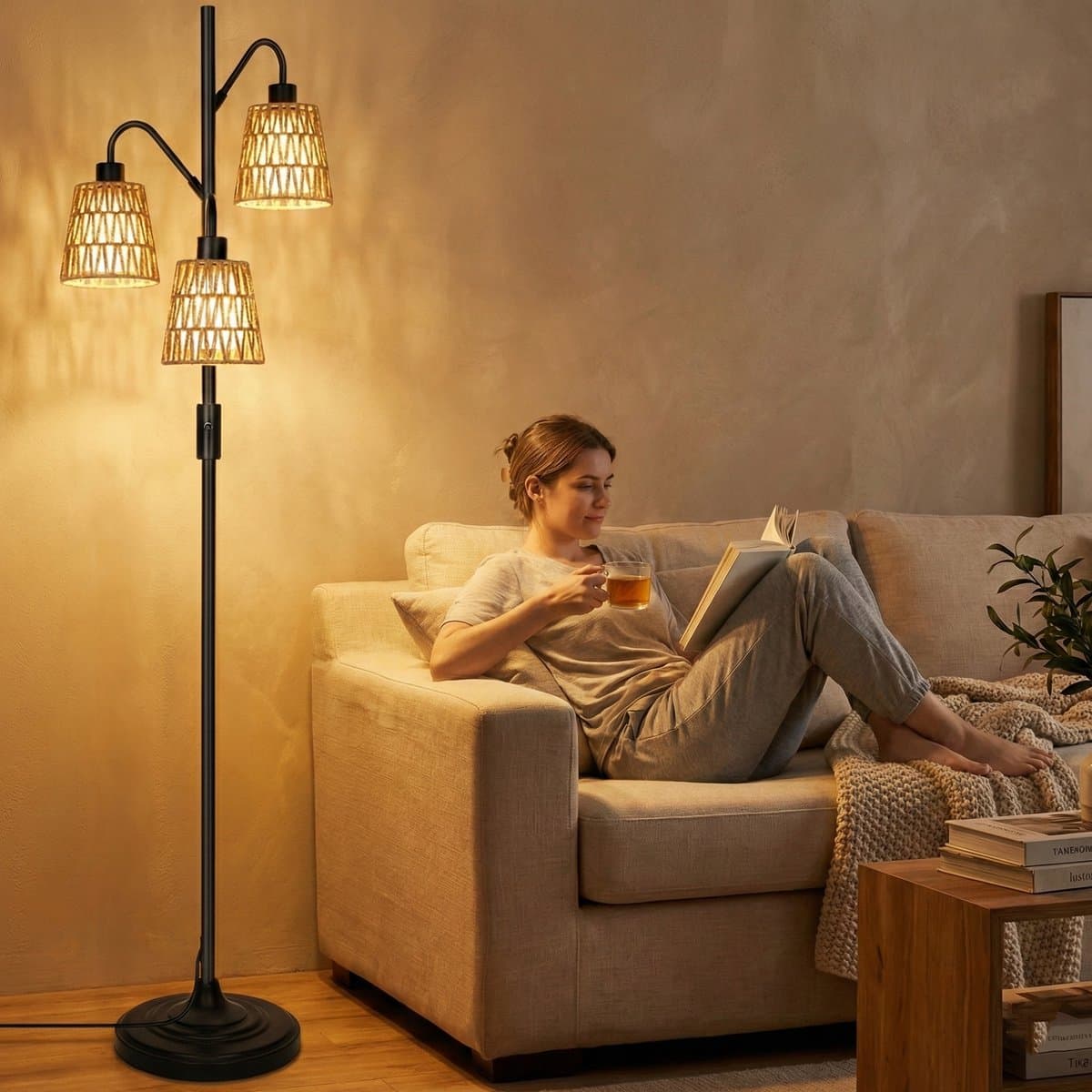 MUPOO Bohemian Rotan Vloerlamp 3-Lichts met Zwart Metaal - Landelijk Staande Lamp Energiezuinig & Dimbaar - Inclusief LED Lampen - 175cm Hoog - staande lampen voor woonkamer & Slaapkamer thumbnail 8