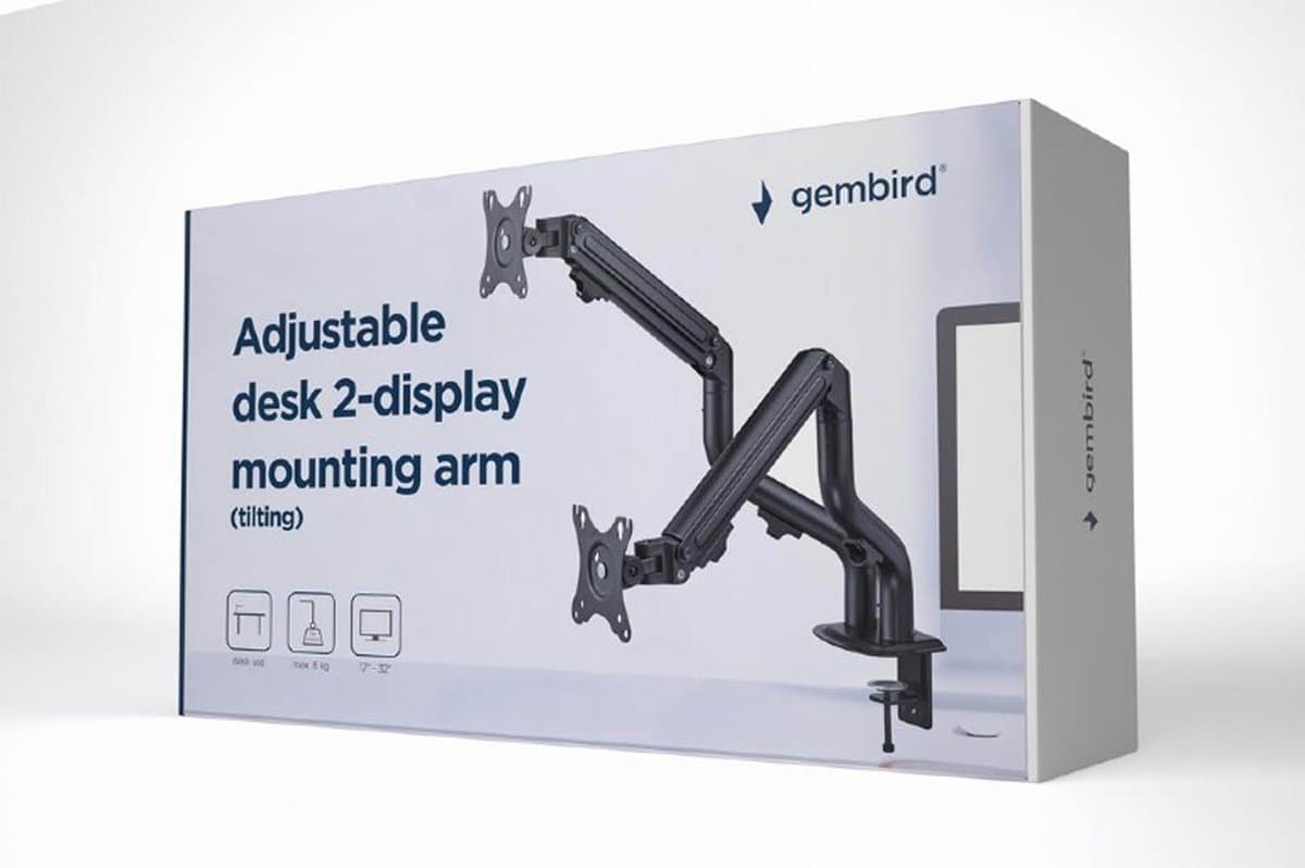 Gembird Verstelbare Bureau Monitorarm voor Dubbele Monitoren, 17–32 Inch, 8 kg per Monitor, Verstelbare Gasveren, 180° Rotatie, Kanteling +90° tot -45°, 90° Zwenkbaar, VESA-compatibel, Zwart thumbnail 5