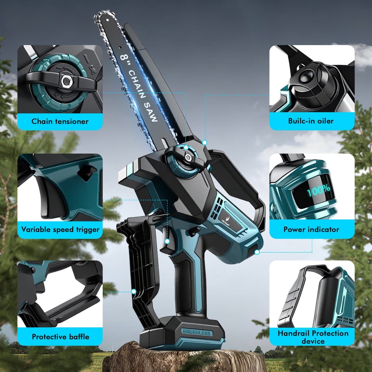 Mini Kettingzaag - 8 inch Kettingzaag voor Makita 18V accu - Batterij niet inbegrepen - Snoeizaag - Takkenzaag - Handzaag - automatische olieer - Automatische Kettingsmering - Brushless - Inclusief Opbergkoffer thumbnail 4