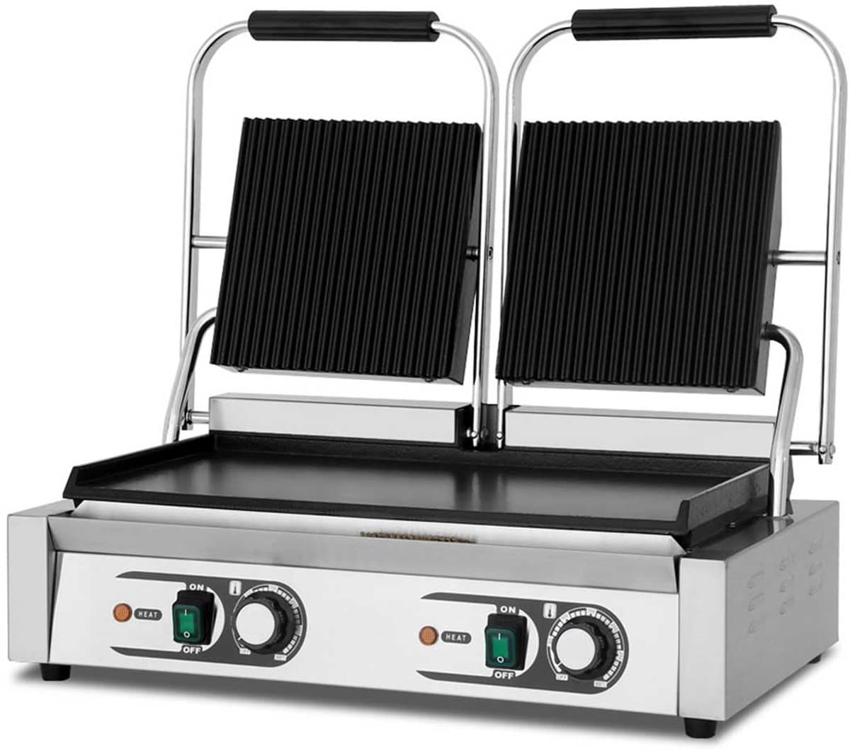 HCB® - Professionele Horeca Paninigrill - dubbel - geribbeld/glad - 230V - RVS / INOX panini grill - 30.5x56.5x20 cm (DxBxH) - 20 kg - 1701