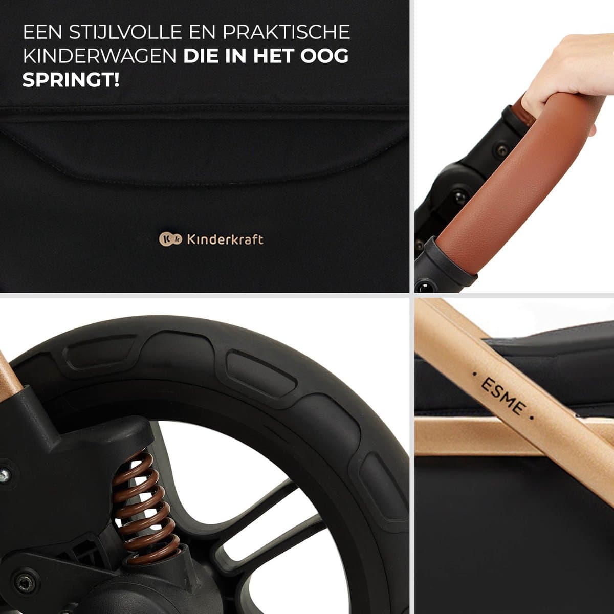 Kinderkraft ESME PRO 3-in-1 Kinderwagen – Beigekleurige multifunctionele combi met reiswieg, wandelwagen en autostoel - Zwart thumbnail 2