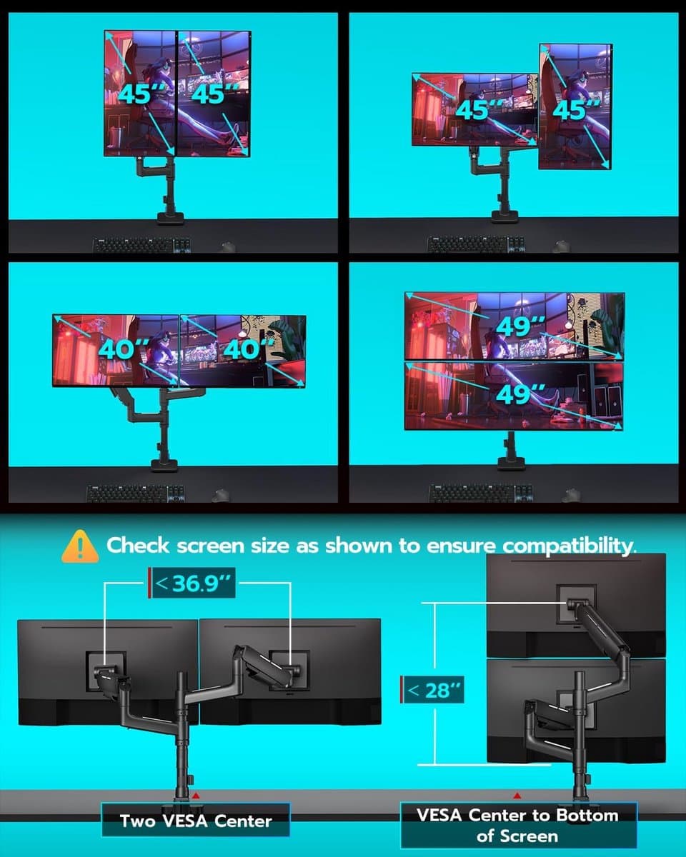 Dubbele Verticaal Monitor Arm voor 17-49 Inch Ultrawide Schermen - Zware Duty Monitorstandaard met USB en Gasveer thumbnail 7