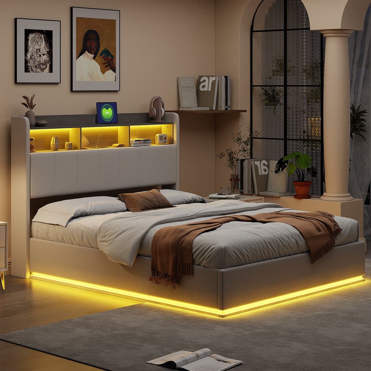 Hydraulisch Tweepersoons Opbergbed 160x200 cm Wit Fluweel met LED, USB en Bedhoofdopslag thumbnail 4