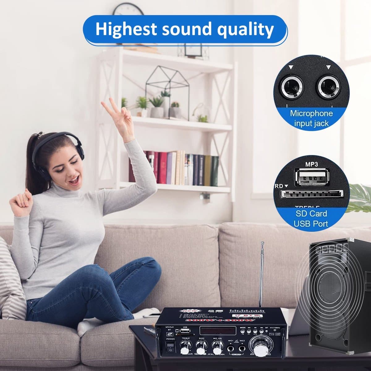 Mini-versterker HiFi - Bluetooth 5.0, 600W, FM-radio, USB/SD thumbnail 2
