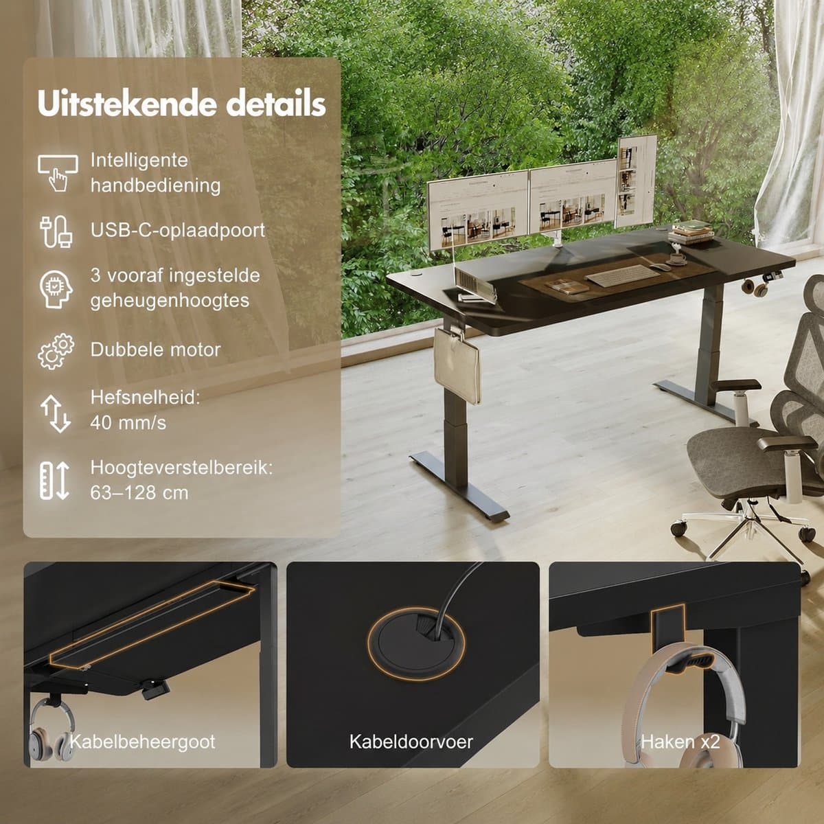 Devoko Elektrisch Zit-Sta Bureau 160x80 cm - Elektrisch Verstelbaar Bureau - In Hoogte Verstelbaar 63-128 cm - 25 mm FSC Tafelblad - Dubbele Motor - 125 kg - Zwart thumbnail 6