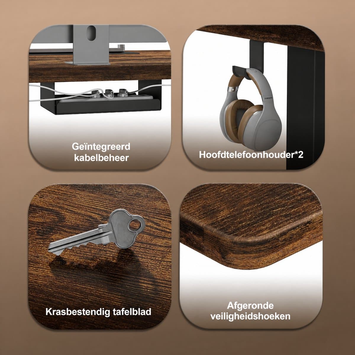 Elektrisch Zit-Sta Bureau 160x80 cm – 18 mm Dik Tafelblad – 3 Geheugenstanden – USB en Zit-alarm – Kabelmanagement – Zwart frame met donker houtlook blad thumbnail 2