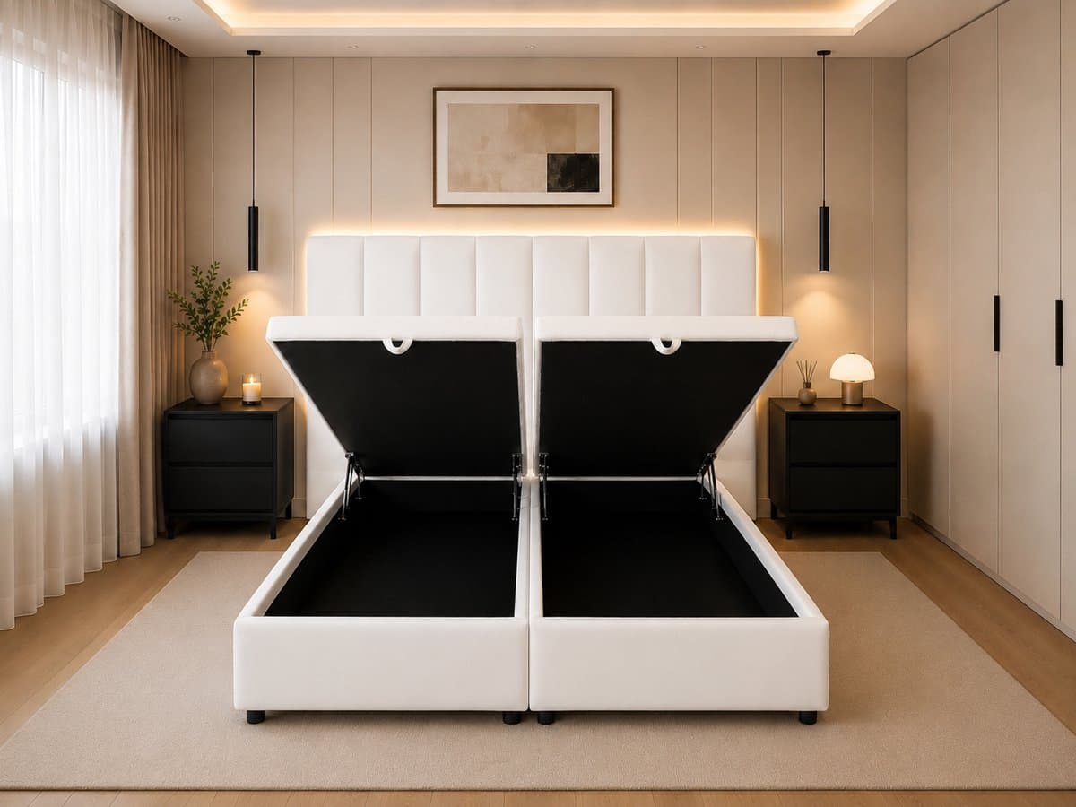 Luxe Boxspring 180x200 cm met Opbergruimte en Matras – Wit – Tweepersoonsbed met Hoofdbord thumbnail 3