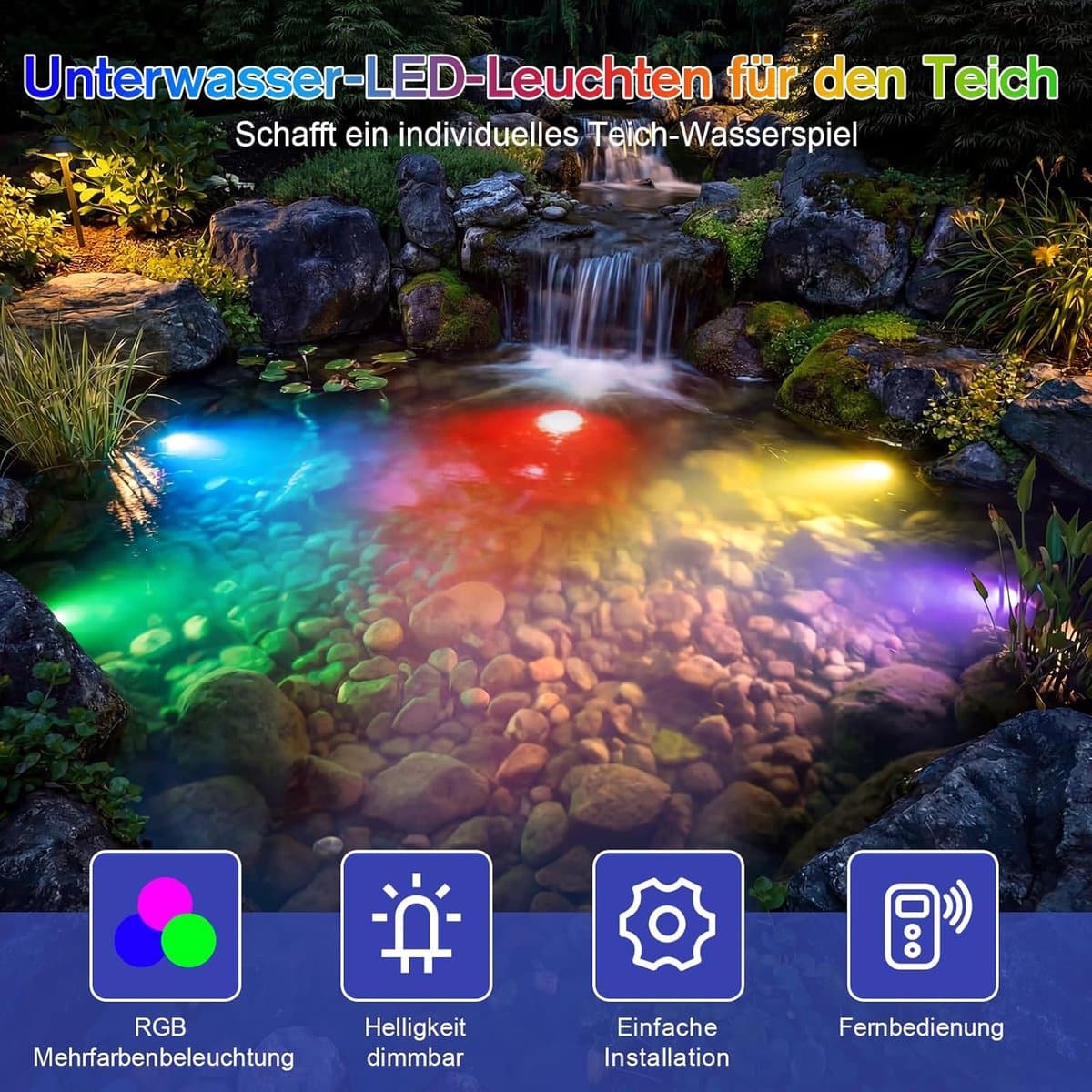 POPOSOAP RGB-onderwaterverlichting voor vijvers met timer, 20 dimbare kleuren, IP68-waterdichte dompelbare LED-fonteinverlichting, afstandsbediening, voor vijvers, aquaria, tuinen en zwembaden (4-in-1) [Energieklasse C] thumbnail 3