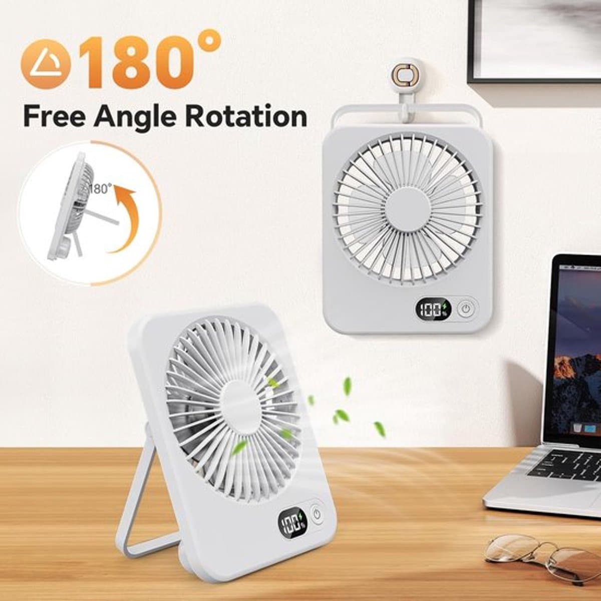 Solvix tafel ventilator geluidloos - Draagbare Ventilator - Wit - Oplaadbare Batterij - LCD Display - Voor Thuis en Op Reis thumbnail 2
