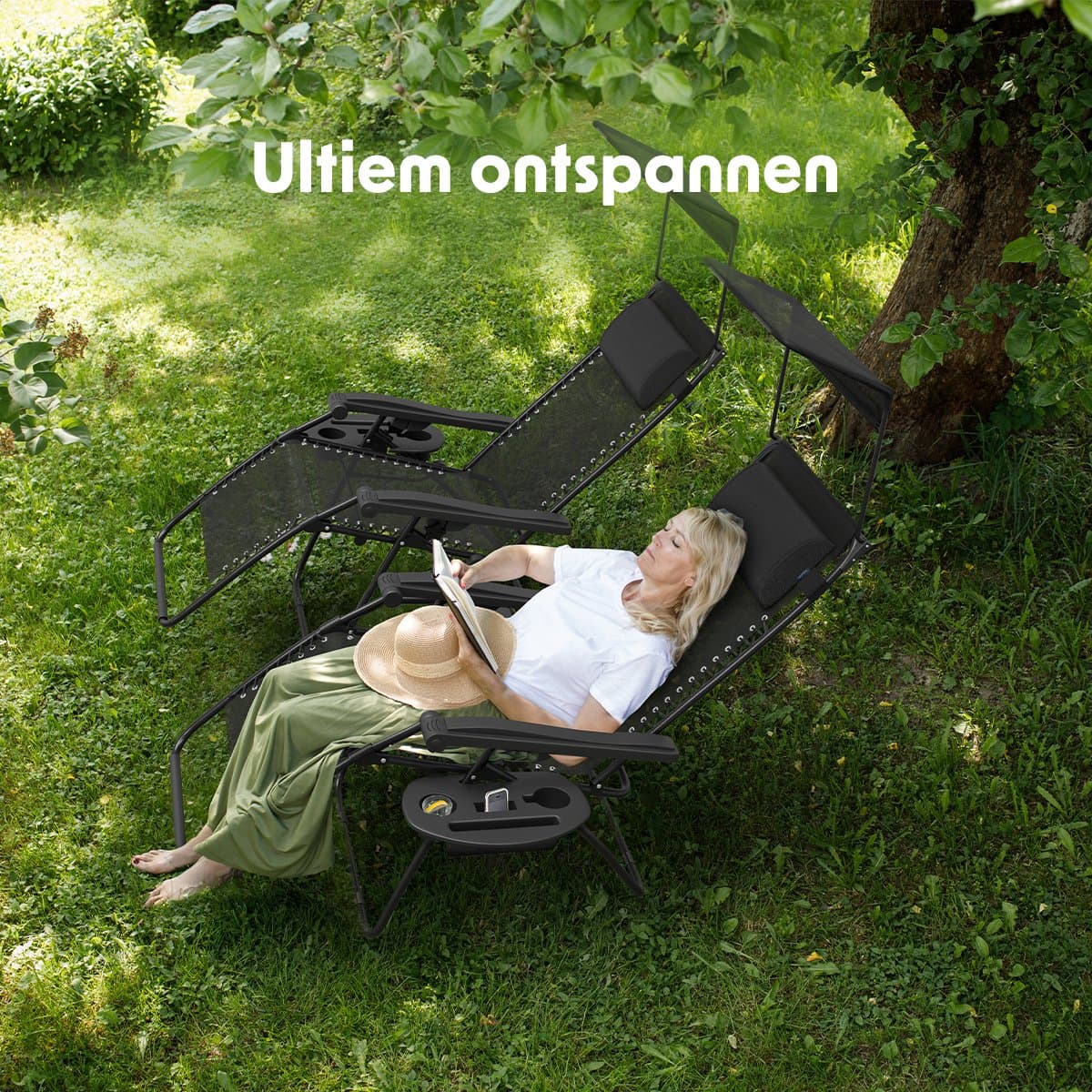 LifeGoods Opvouwbare Tuinstoelen - Verstelbaar Zonnescherm - Ligstoel Tuin - 2 Stuks - 30°-90° Verstelbaar - Metaal - Zwart thumbnail 6