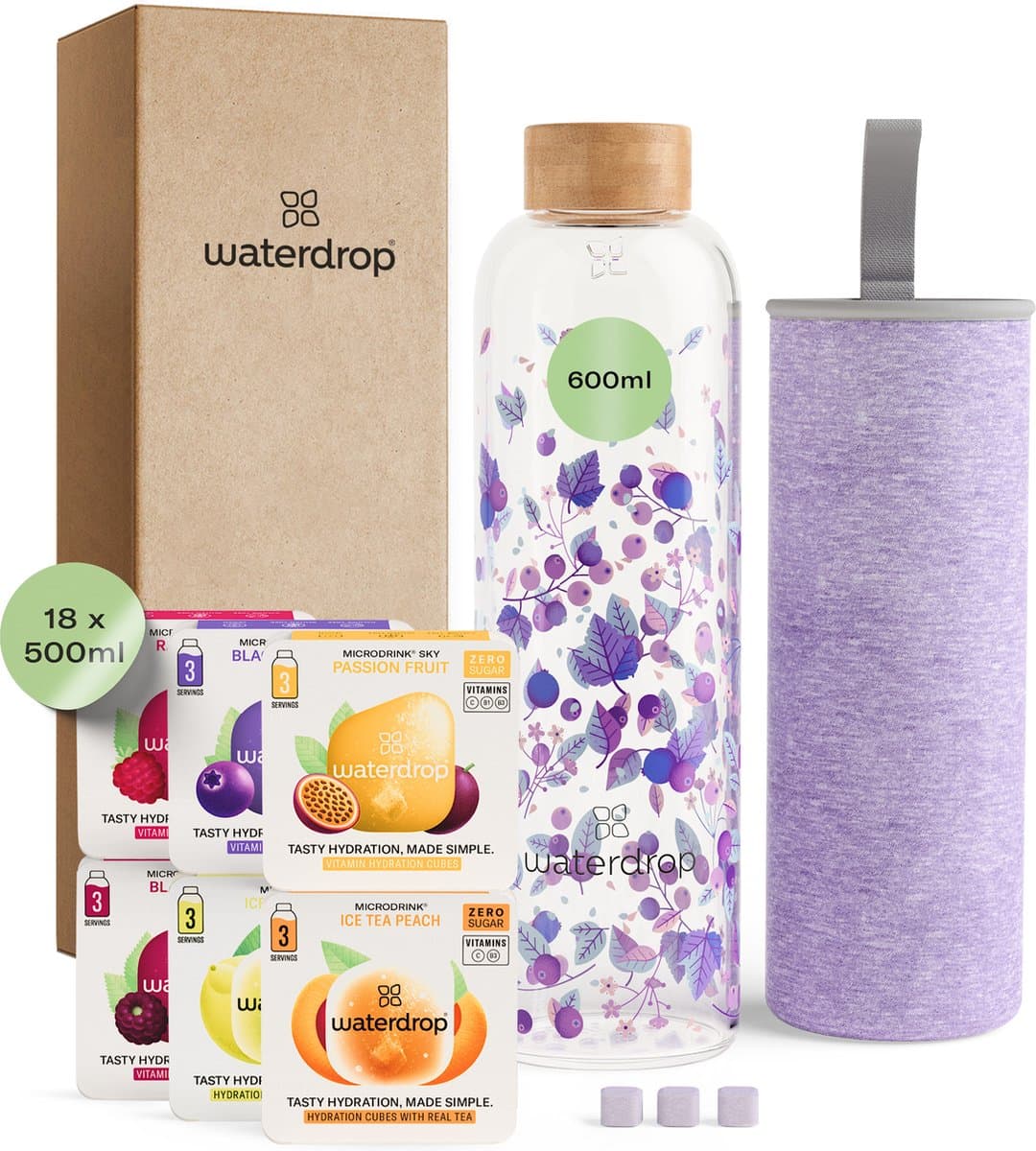 waterdrop® Starterset Glas - Boost Melange - Glazen Drinkfles 600ml + 18 Microdrink Bruistabletten – Herbruikbare Waterfles, Lekvrij, BPA-vrij, Ideaal voor Thuis, Werk, Sport, Reizen – Hydratatie Set, Cadeau Idee thumbnail 7