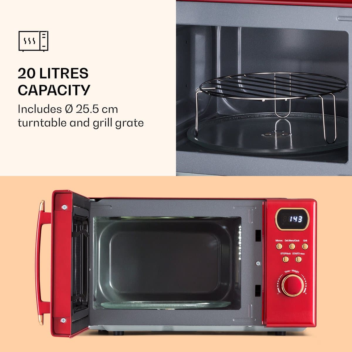 Klarstein magnetron met Grill, 800 Watt magnetron klein, 3 in 1Edelstahl magnetron rood, Kleine 20 Liter magnetron met ontdooi en Pizzafunktion, Drehteller, Platzsparend, Einfach zu Bedienen - voor Keuken - Bruin - Microwave thumbnail 2