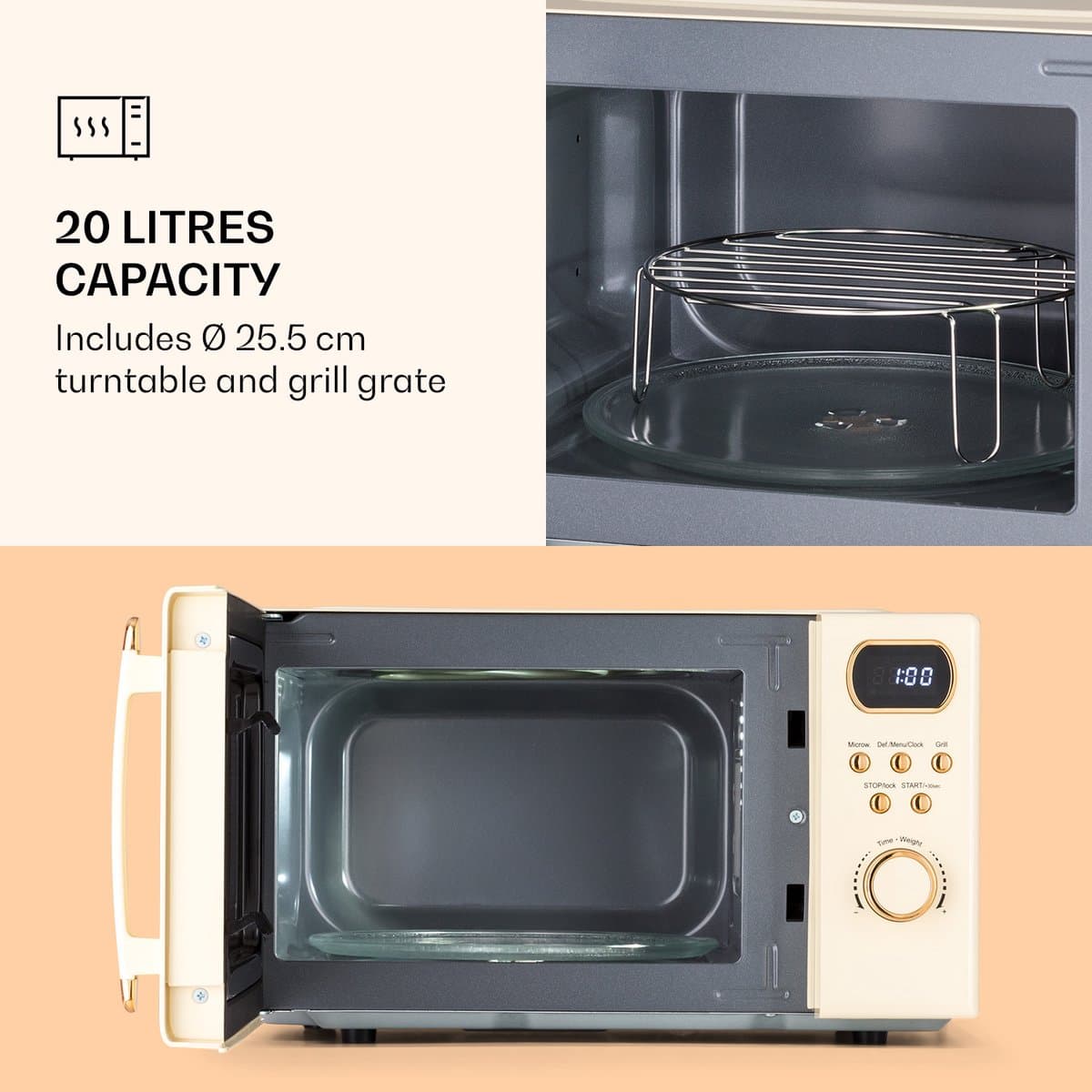 Klarstein Magnetron met Grill, 800 W, 20 Liter, 3-in-1 RVS Crème, Met Ontdooien en Pizzafunctie, Draaiplateau, Compact - voor Keuken - Bruin - Microwave Combimagnetron Microgolfoven Microwave Oven thumbnail 4