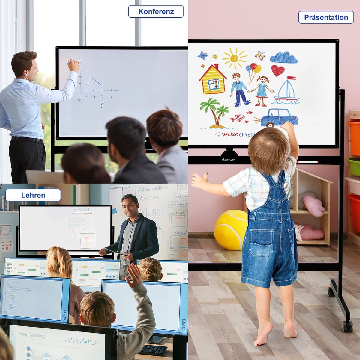 COSTWAY Mobiel whiteboard, 120 x 60 cm, dubbelzijdig magnetisch whiteboard met standaard en wielen, droog afwasbaar, verstelbaar whiteboard incl. accessoires voor thuis, kantoor en school, zwart thumbnail 7