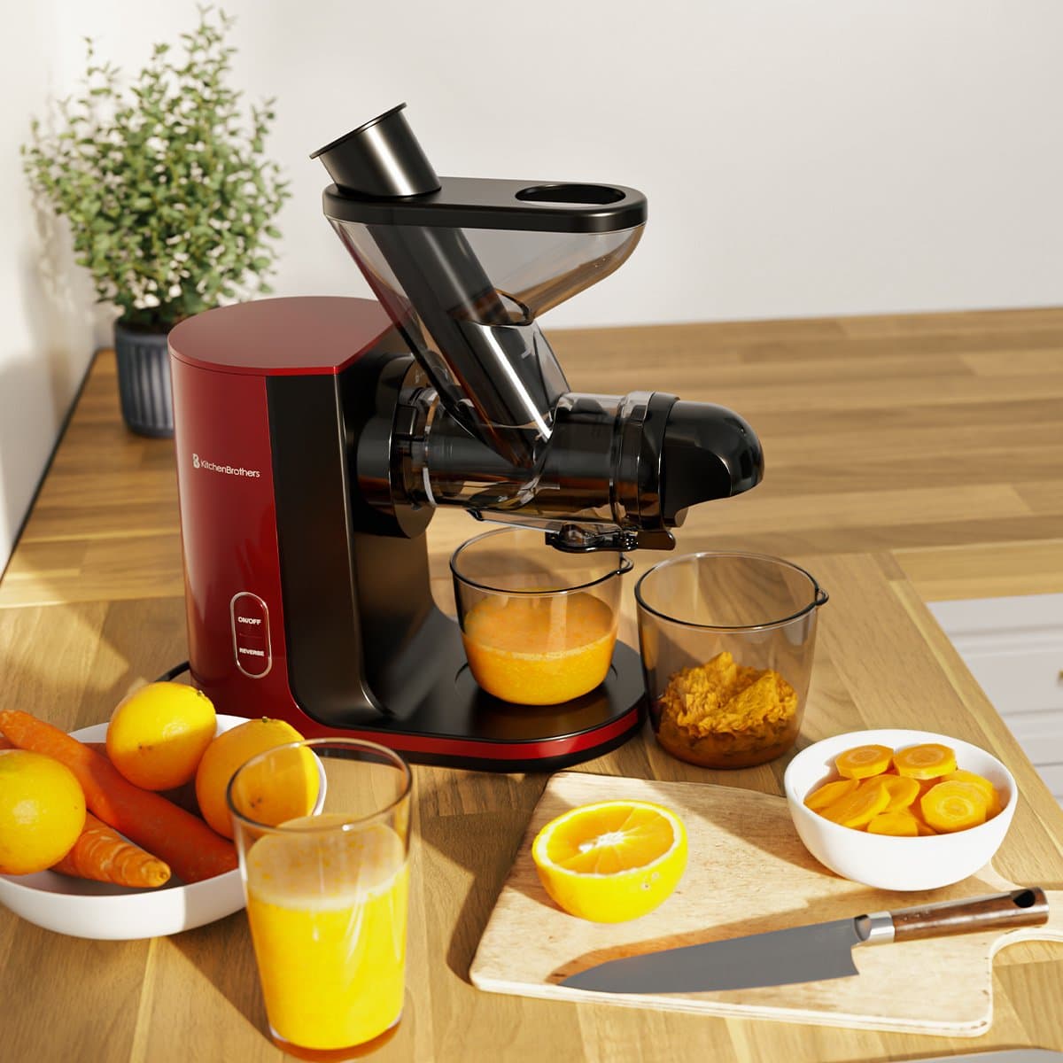 KitchenBrothers Slowjuicer - Sapcentrifuge - Juicer - Groenten en Fruitpers - 43 mm en 60 mm invoer - 400 ml - Rood thumbnail 8