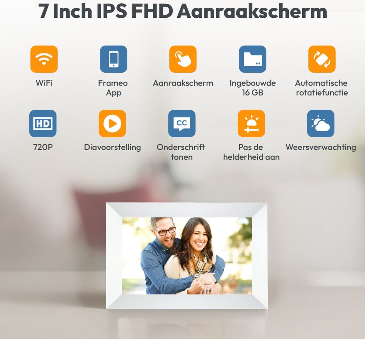 Digitale fotolijst met WiFi en Frameo App - 7 inch IPS Display - Fotokader met Touchscreen - 32GB - Wit - Frameo digitale fotolijst - digitale fotokader - digitaal fotolijstje thumbnail 6