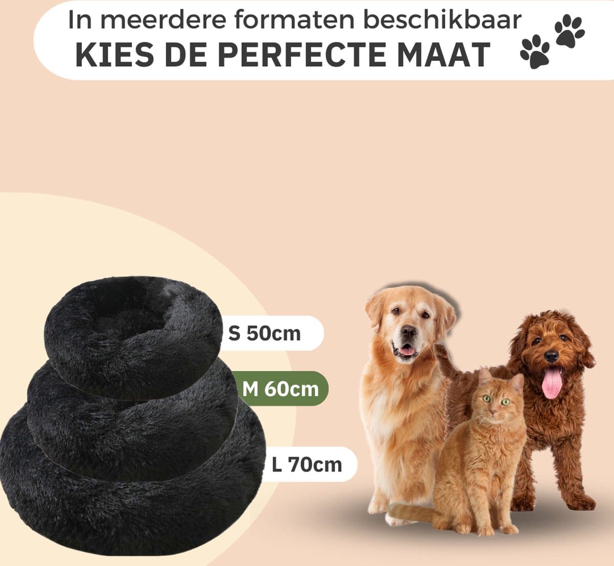 Donut Hondenmand - Kattenmand - Maat M - 60cm (ligvlak van 45cm) - Zwart - Fluffy en Wasbaar thumbnail 7