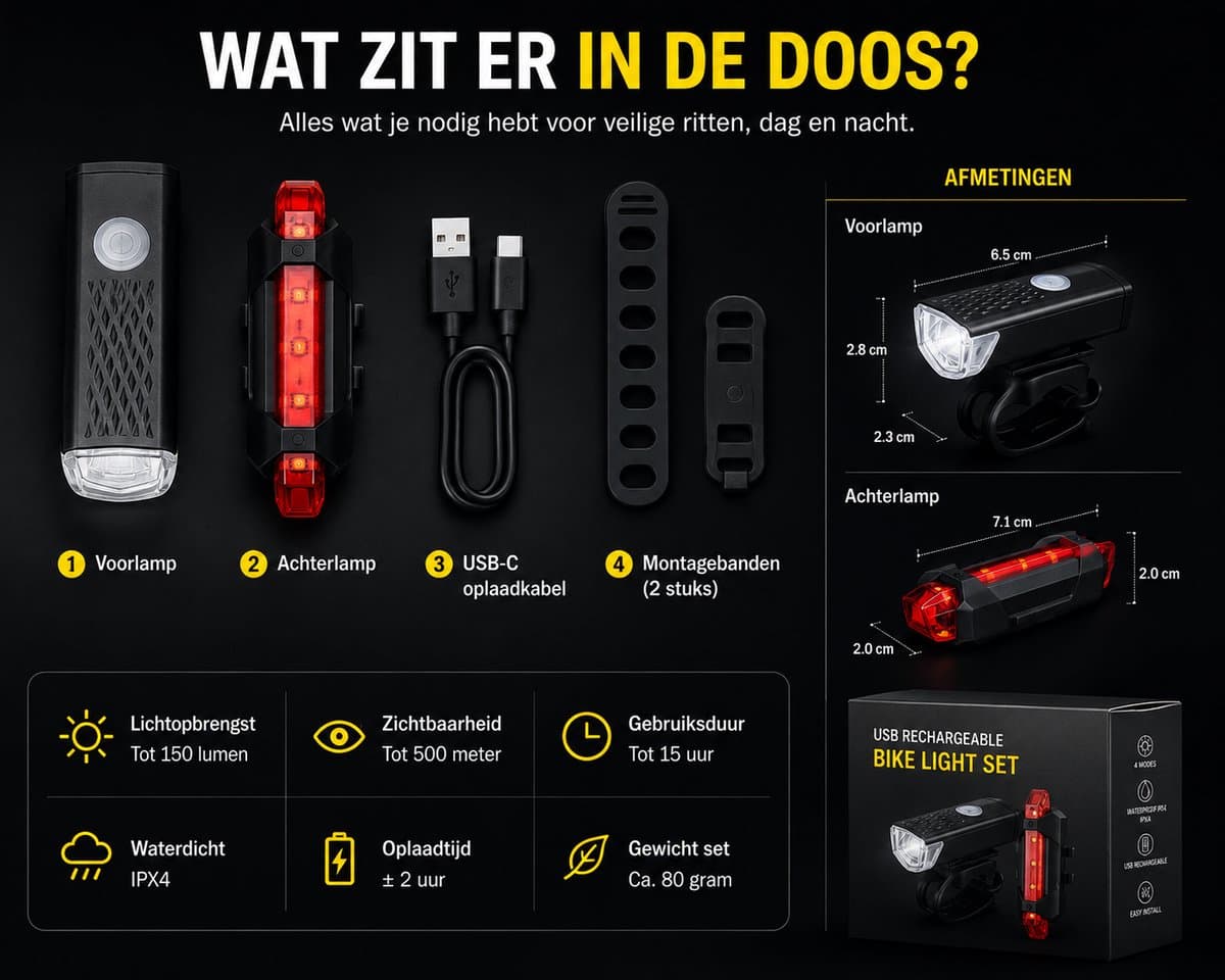 JMT-one - Fietsverlichting Oplaadbaar USB – Fietslampjes Set Voor en Achter – LED Fietslicht Voorlicht Achterlicht – Waterdicht – Fiets Lampjes Set – MTB Racefiets Stadsfiets – Zwart thumbnail 8