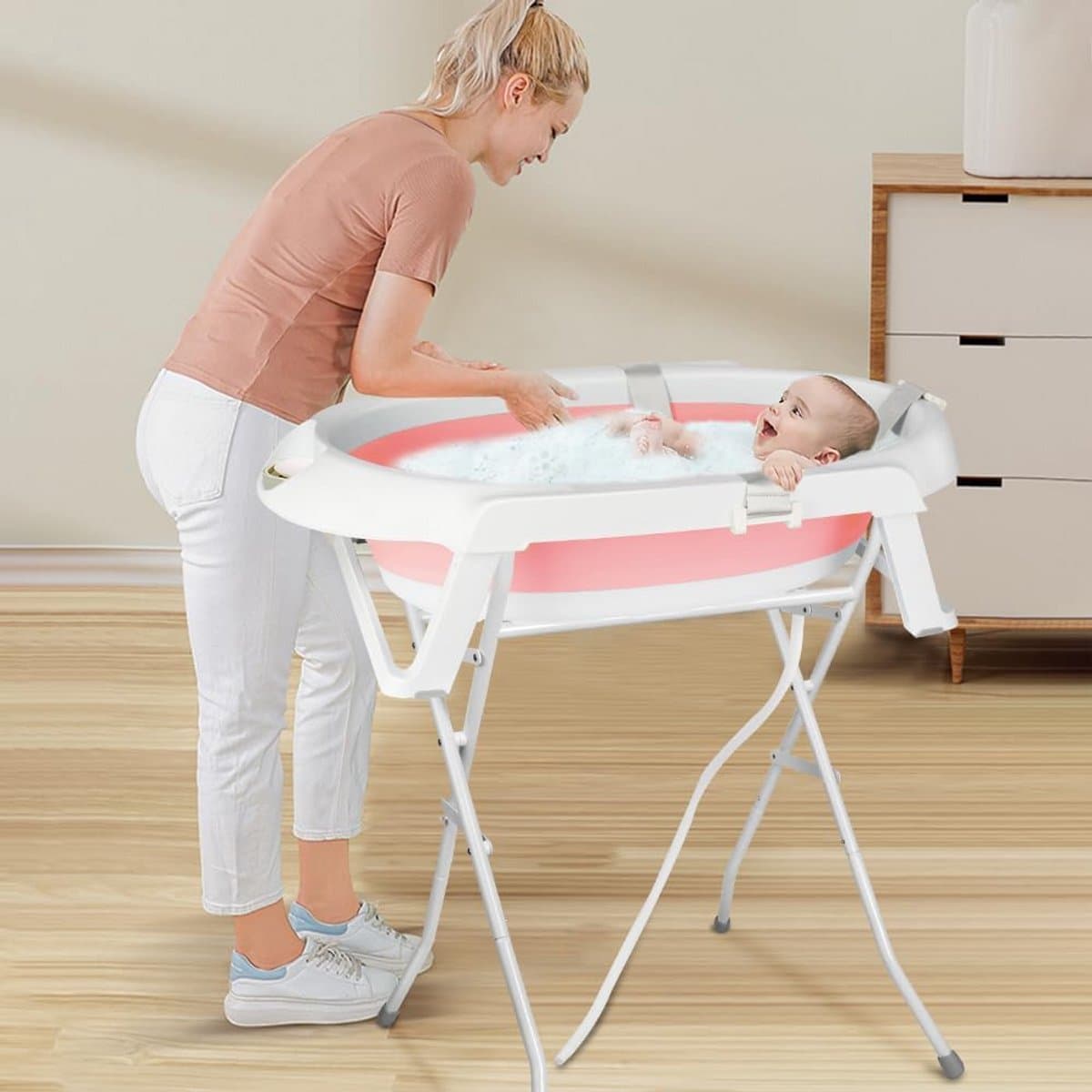 Babybadkuip Opvouwbaar - Babybadje Draagbaar - Baby Wassen - Met Ondersteunende Standaard - 72 x 51 x 42 cm - Roze thumbnail 5