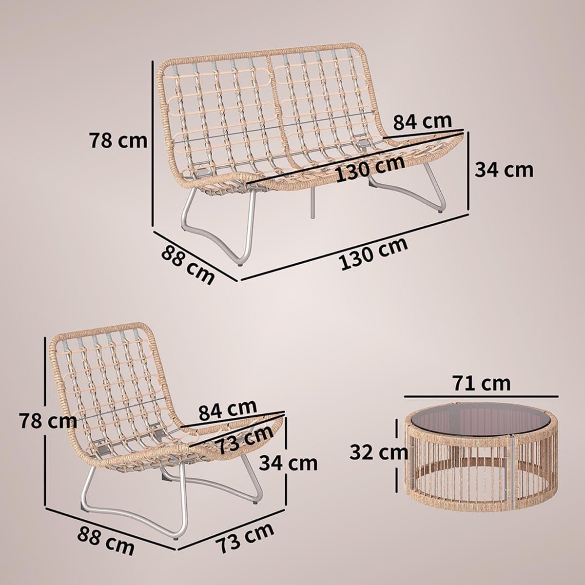 Pugsdrly Tuinset 4-delig polyrotan loungeset met tweezitsbank, 2 fauteuils, glazen tafel, brede & diepe zitting, dikke kussens thumbnail 3