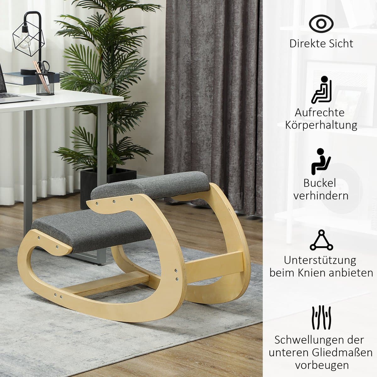 MODENUIT Kniekruk 54,5 x 85 x 54 cm - Schommelend Ergonomisch Ontwerp - Voor Thuiswerk En Meditatie - Hout Grijs thumbnail 8