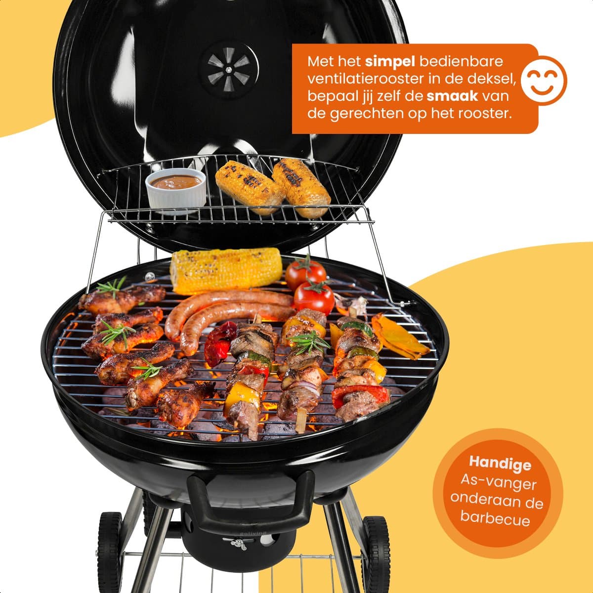 Goliving Houtskool Barbecue - Ø54 cm - Inclusief Accessoires - Houtskoolbarbecues op Wielen - XXL BBQ met Deksel - Rond - 65 x 89 cm - Zwart - Metaal thumbnail 7
