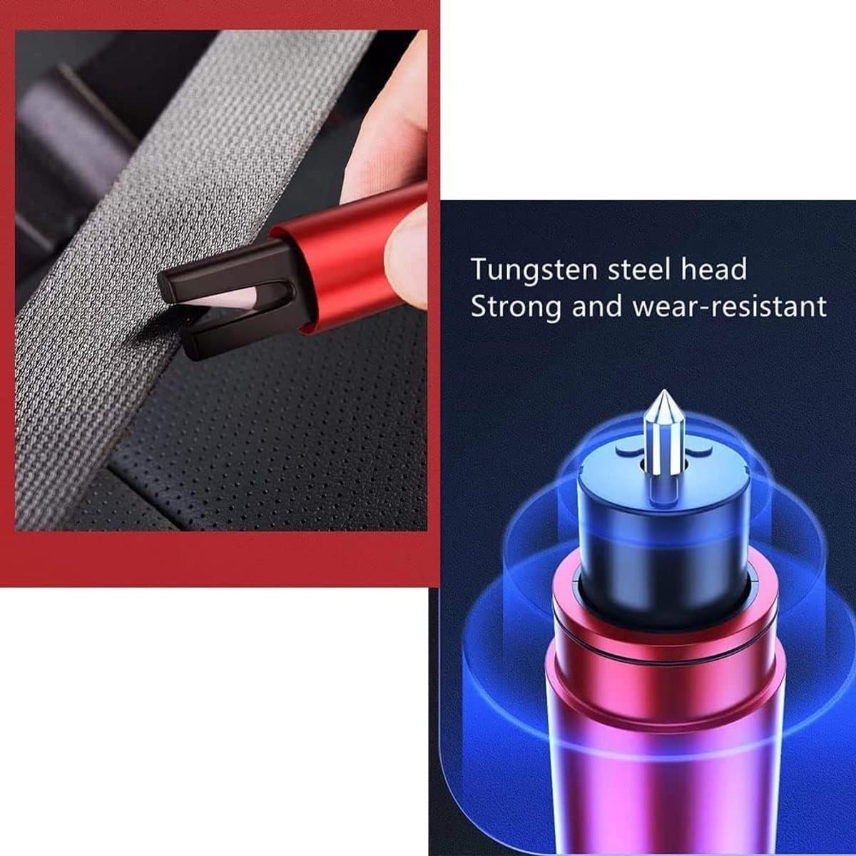 Raambreker - 2-pack autoveiligheidshamer nooduitganggereedschap - Auto-ruitbreker van één seconde - Gordelsnijder - Autoglasbreker - Levensreddend noodartefact (rood ) thumbnail 5