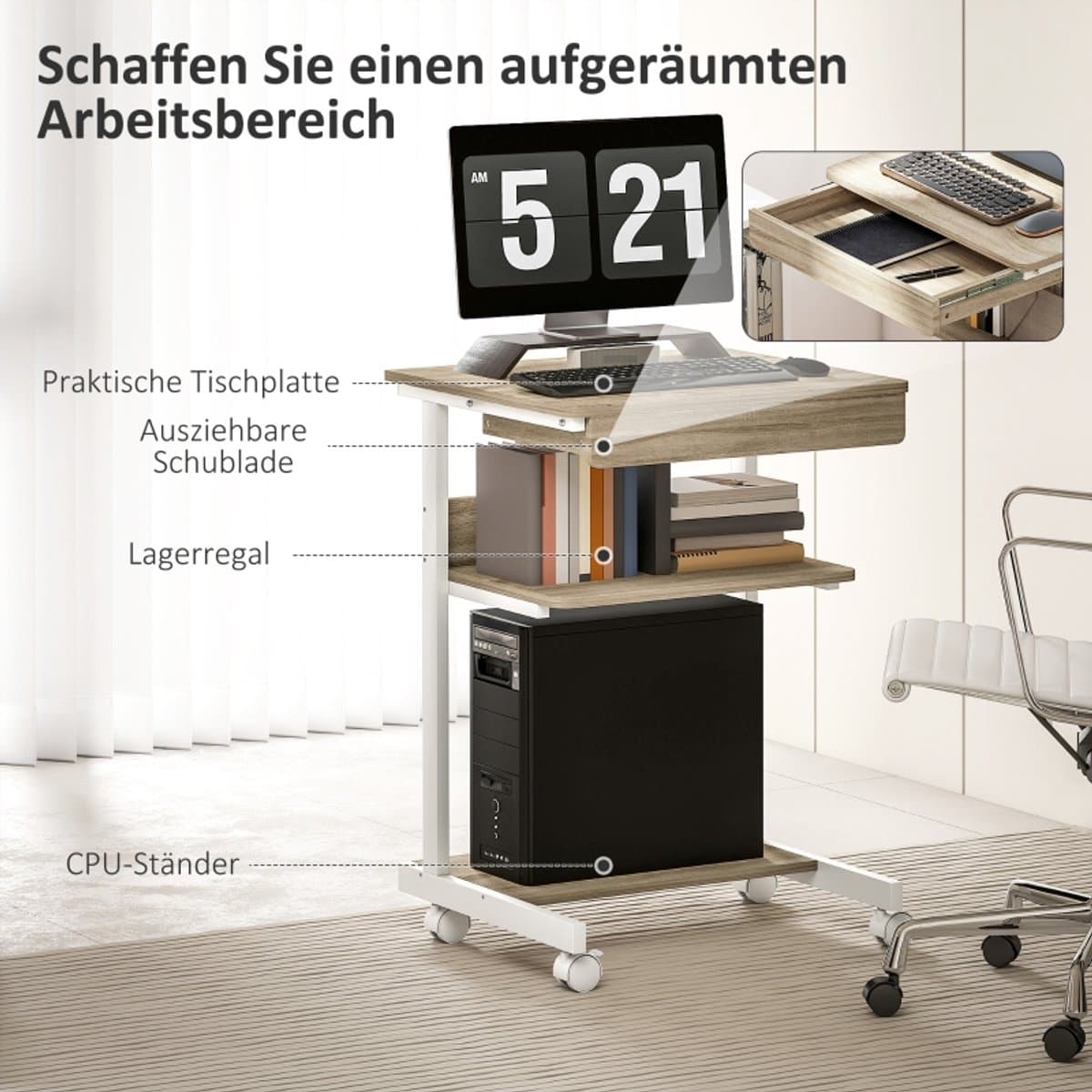 STILVORA Bureau 56 X 51 Cm - Met Lade En Planken - Op Wielen Met Rem - Voor Kleine Ruimtes En Thuiswerken - Hout Eiken thumbnail 3