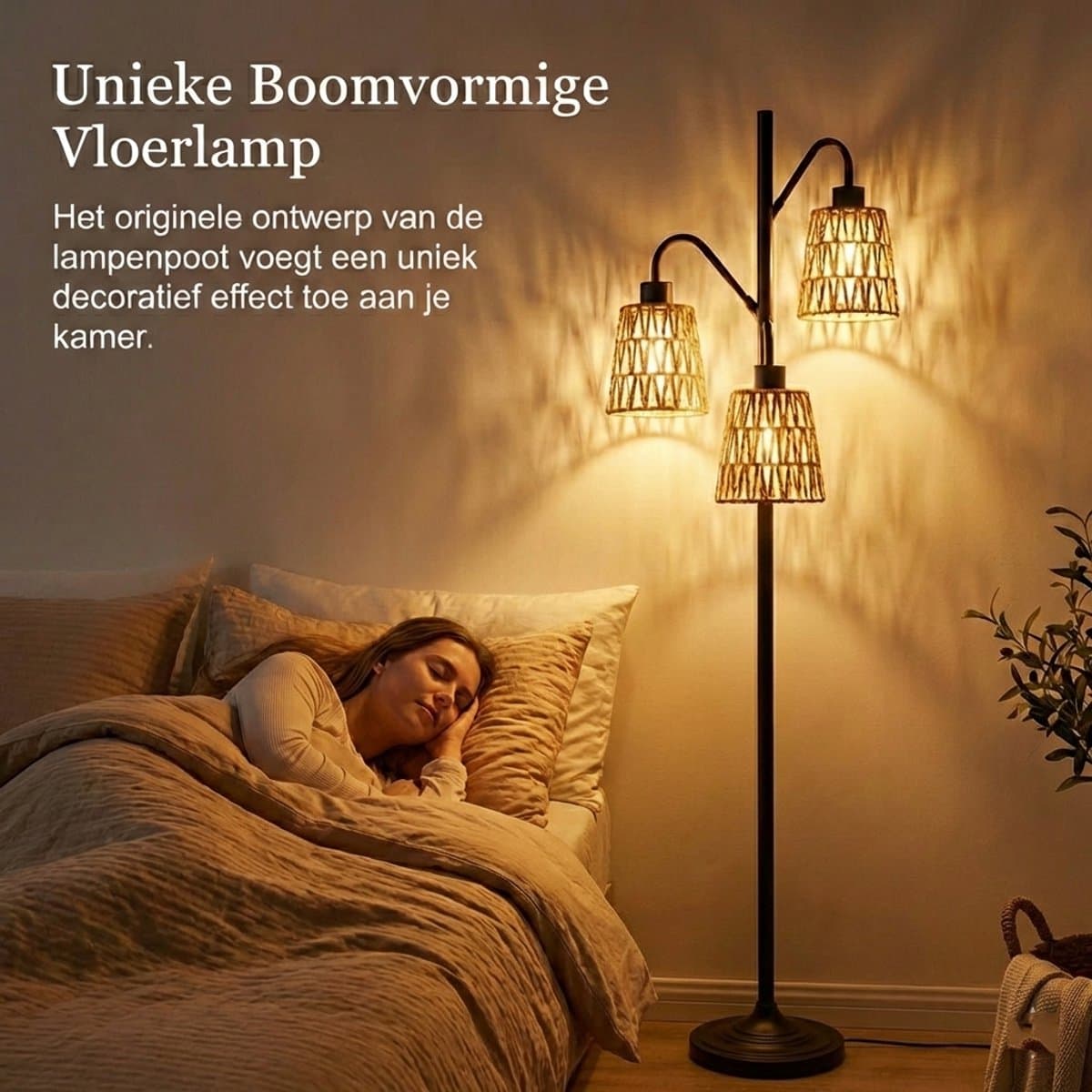 MUPOO Bohemian Rotan Vloerlamp 3-Lichts met Zwart Metaal - Landelijk Staande Lamp Energiezuinig & Dimbaar - Inclusief LED Lampen - 175cm Hoog - staande lampen voor woonkamer & Slaapkamer thumbnail 5