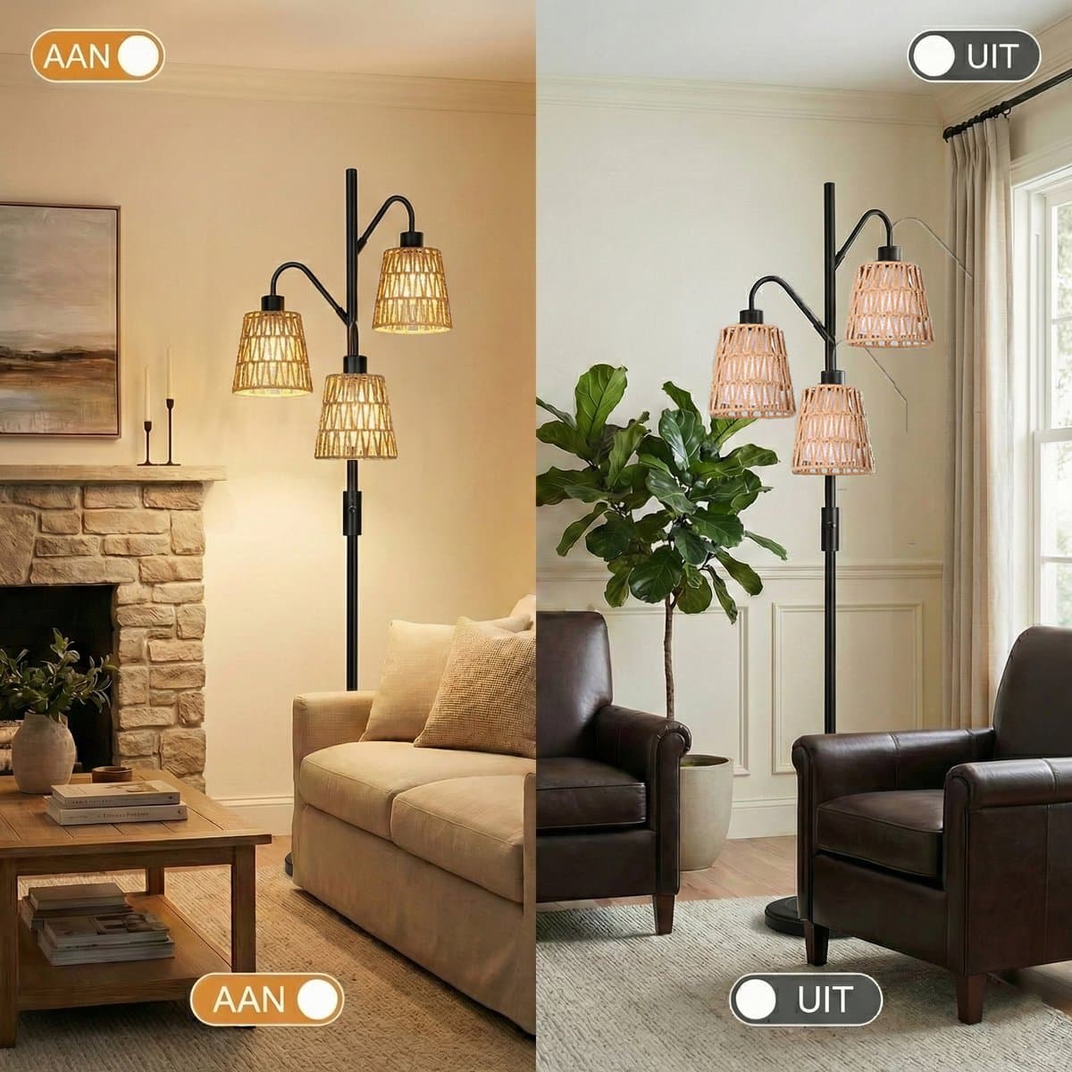 MUPOO Bohemian Rotan Vloerlamp 3-Lichts met Zwart Metaal - Landelijk Staande Lamp Energiezuinig & Dimbaar - Inclusief LED Lampen - 175cm Hoog - staande lampen voor woonkamer & Slaapkamer thumbnail 7