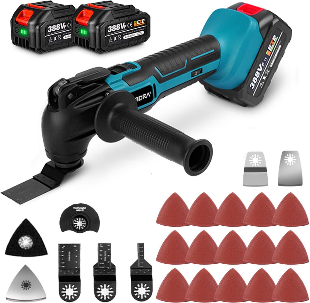Yofidra Oscillerende Multitool - met 2x 3.0Ah Accu’s & 42x accessoires - Professional Accu Multitool - 4° oscillatiehoek - voor snijden, slijpen, polijsten