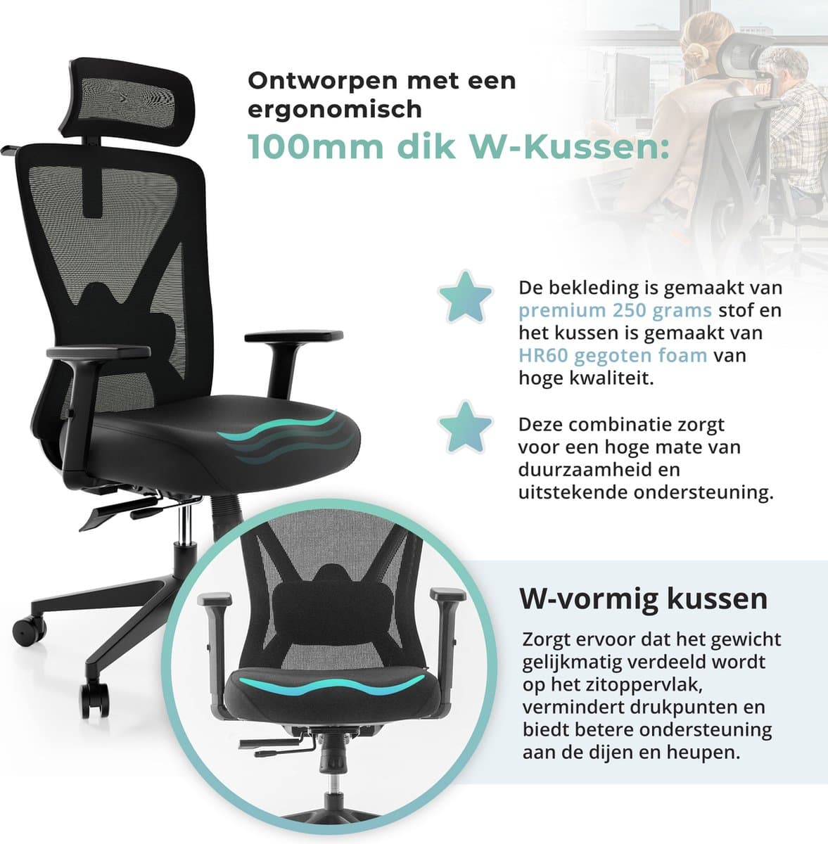 Backerz Mesh Ergonomische Bureaustoel - Bureaustoelen voor Volwassenen tot 150kg - Office Chair NEN-EN1335 - Gamestoel thumbnail 6