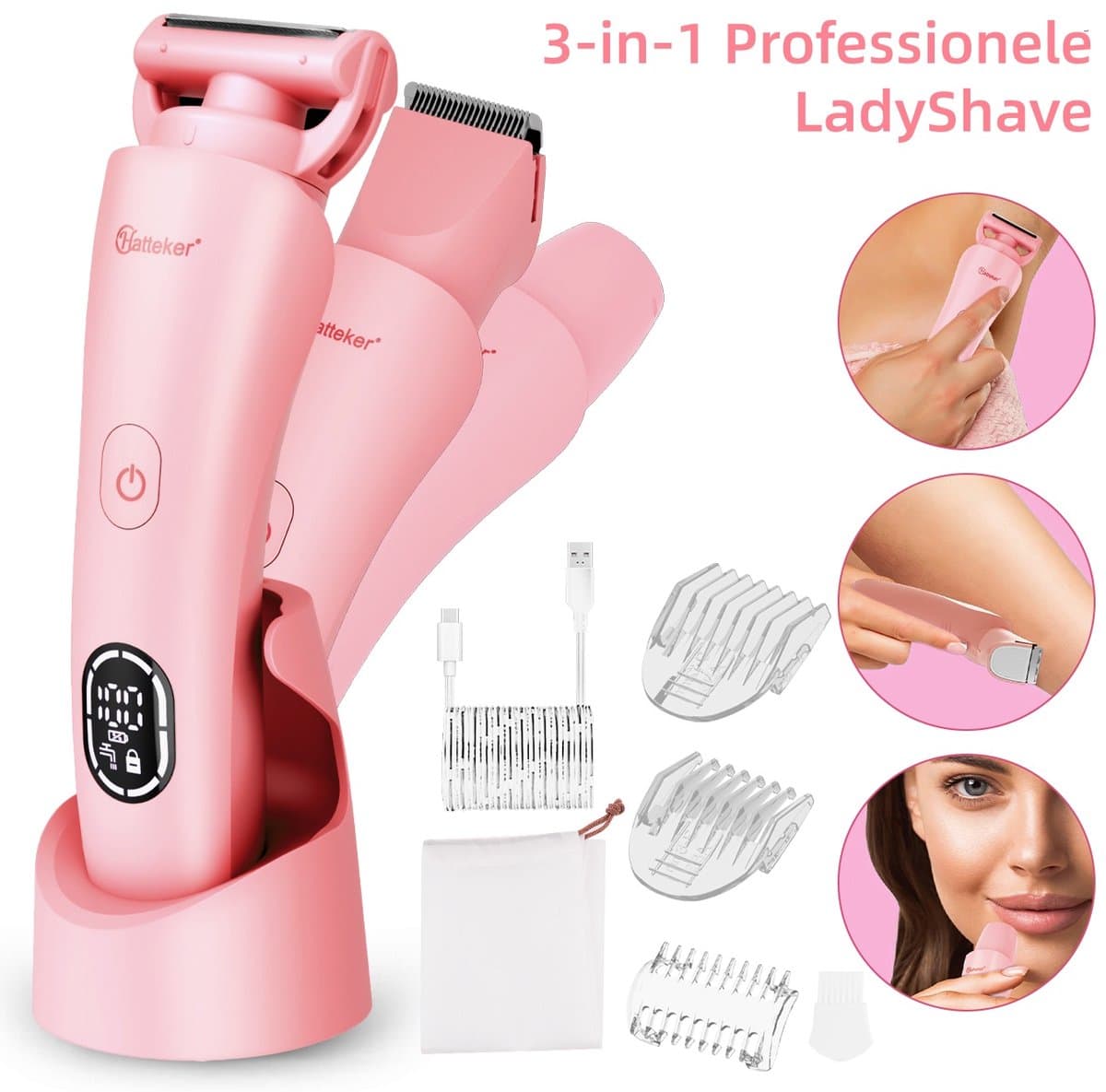 Hatteker 3-in-1 Ladyshave voor Vrouwen – Dames Scheerapparaat – Epileerapparaat – Trimmer voor Benen, Bikinilijn en Oksels – Epilator – Waterdicht IPX7 – Roze thumbnail 7