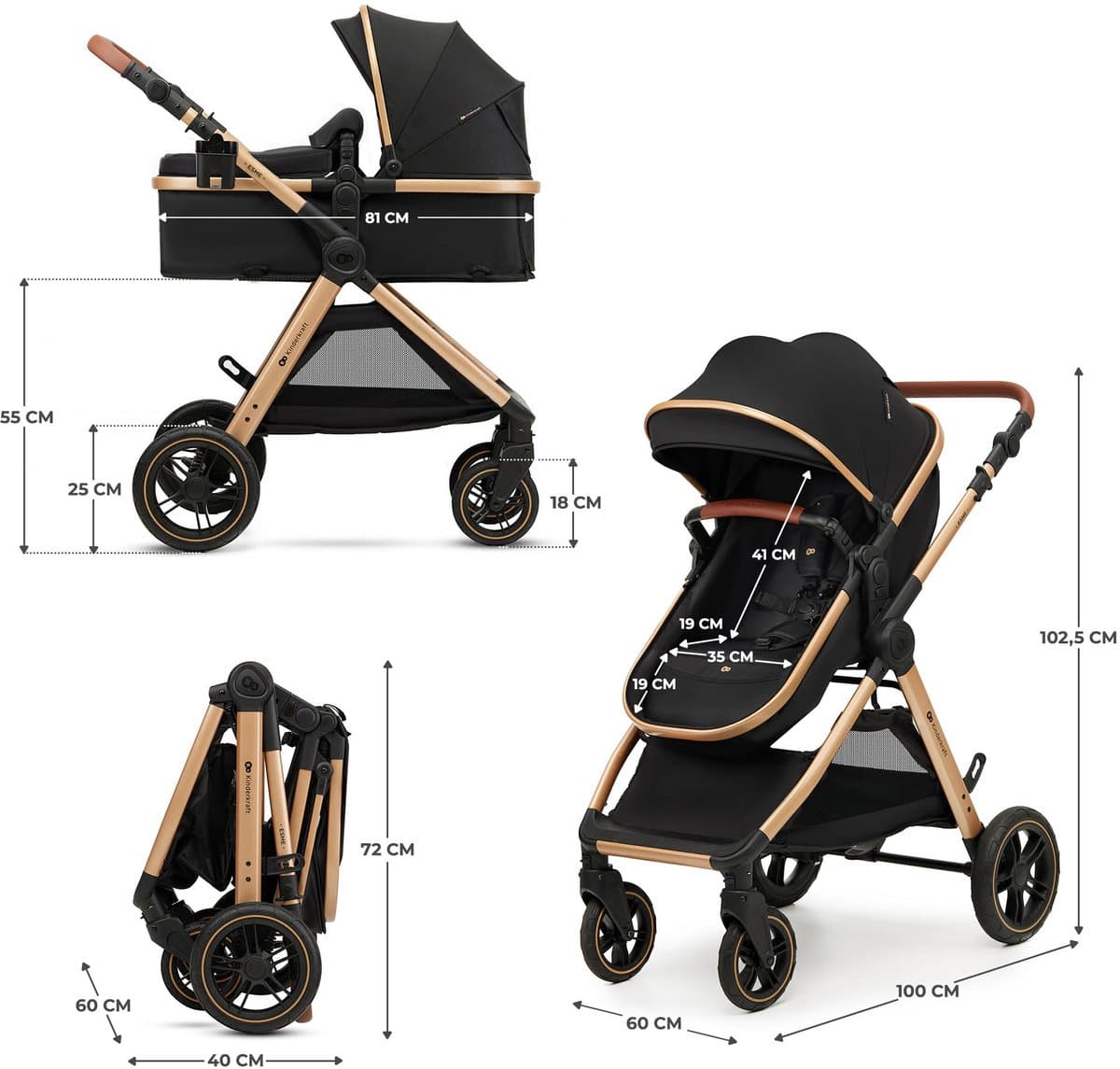 Kinderkraft ESME PRO 3-in-1 Kinderwagen – Beigekleurige multifunctionele combi met reiswieg, wandelwagen en autostoel - Zwart thumbnail 3