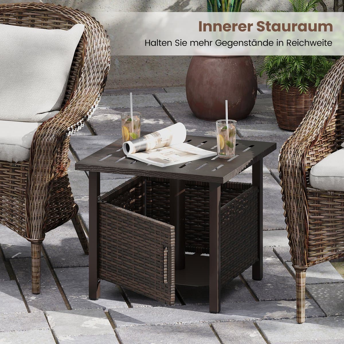 COSTWAY Bijzettafel voor buiten, weerbestendig, rotan tuintafel met paraplugat, kleine balkontafel, koffietafel voor tuin, balkon, terras, 55,5 x 55,5 x 47,5 cm thumbnail 8