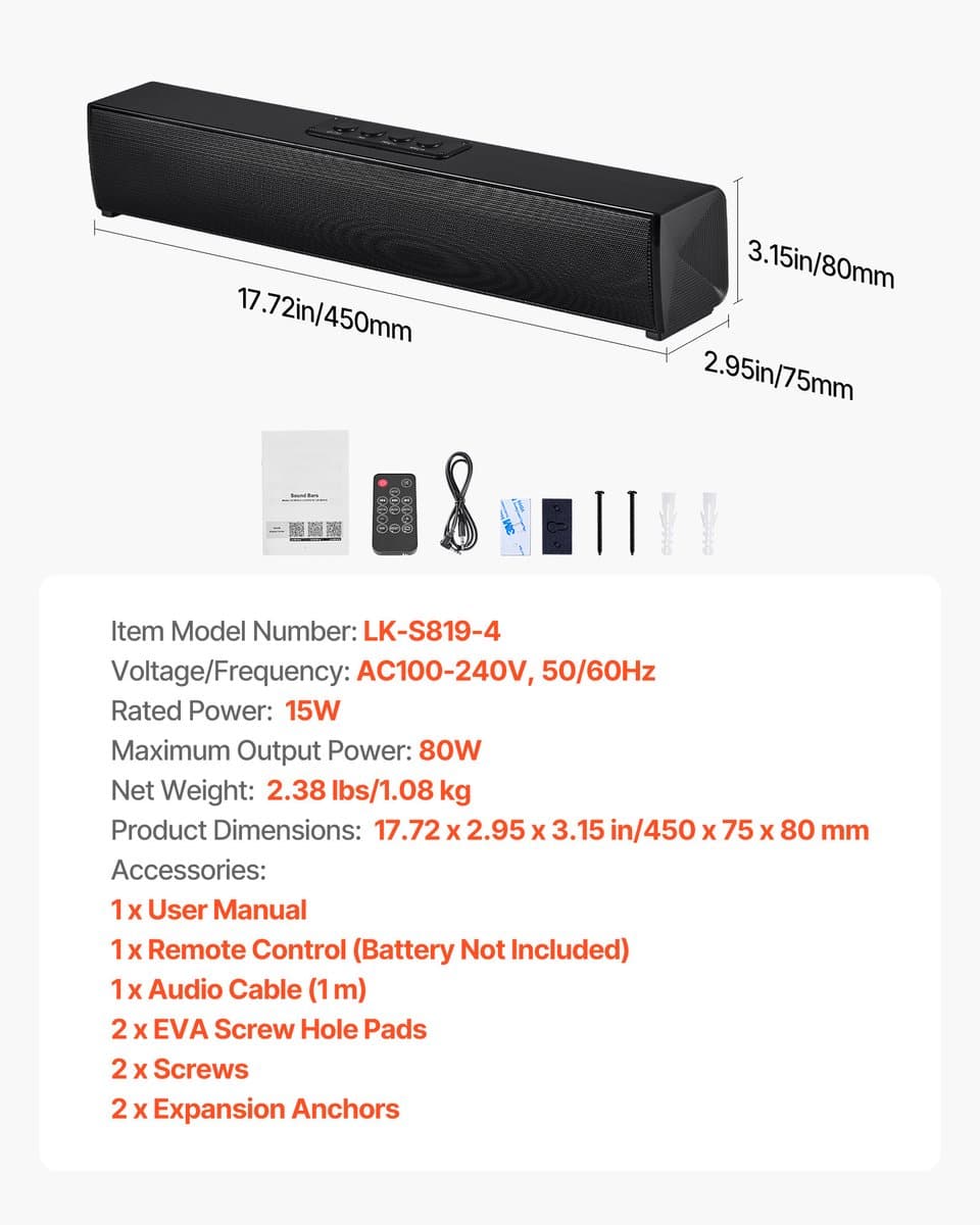 Compacte 17-Inch Soundbar voor Smart TV, 2.0-Kanaals TV-Luidsprekers met Bluetooth- En AUX-Connectiviteit, Afstandsbediening, Eenvoudige Installatie, 80 W Surround-Audiosysteem voor Pc En Thuisbioscoop thumbnail 3