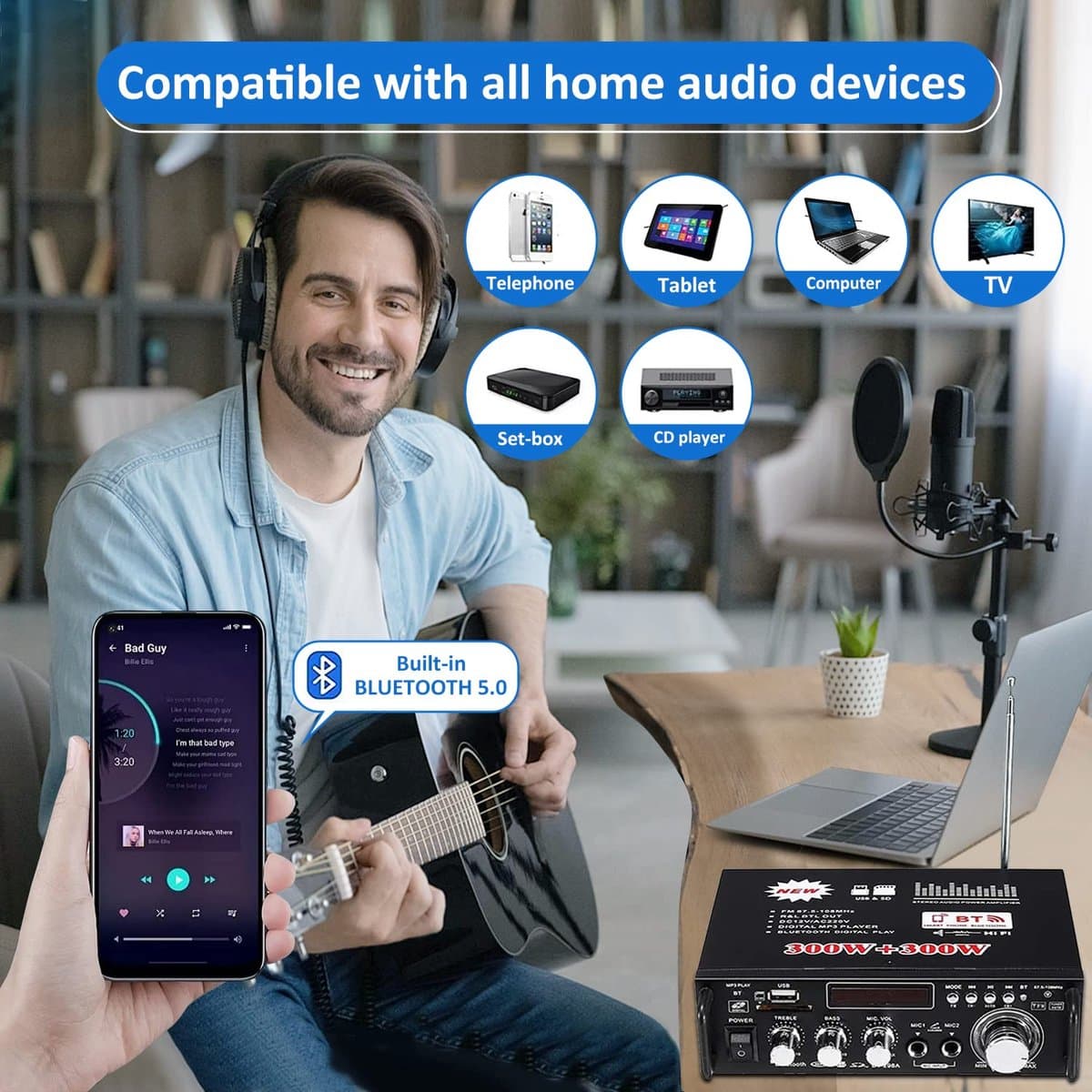 Mini-versterker HiFi - Bluetooth 5.0, 600W, FM-radio, USB/SD thumbnail 3